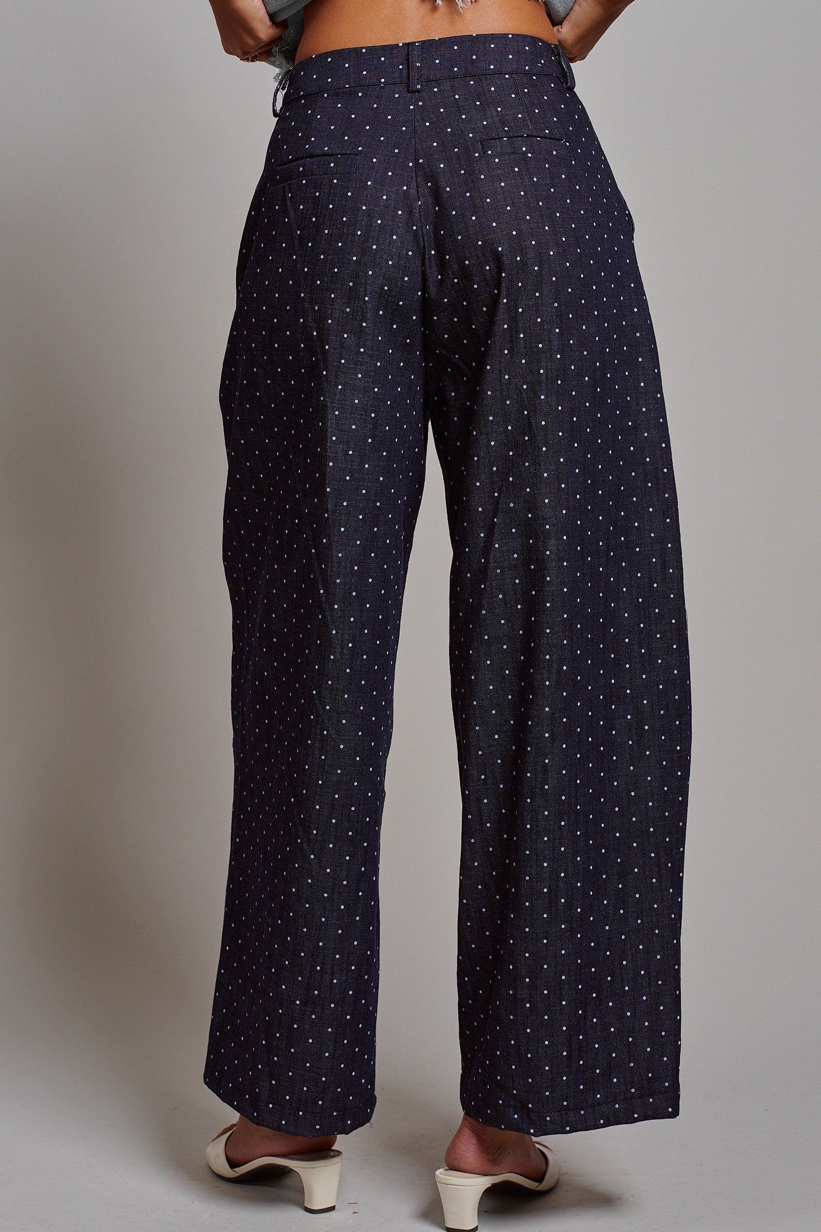 Polka Dot High-Rise Wide-Leg Dress Pants in Dk Denim - Women's Pants | Urban Daizy