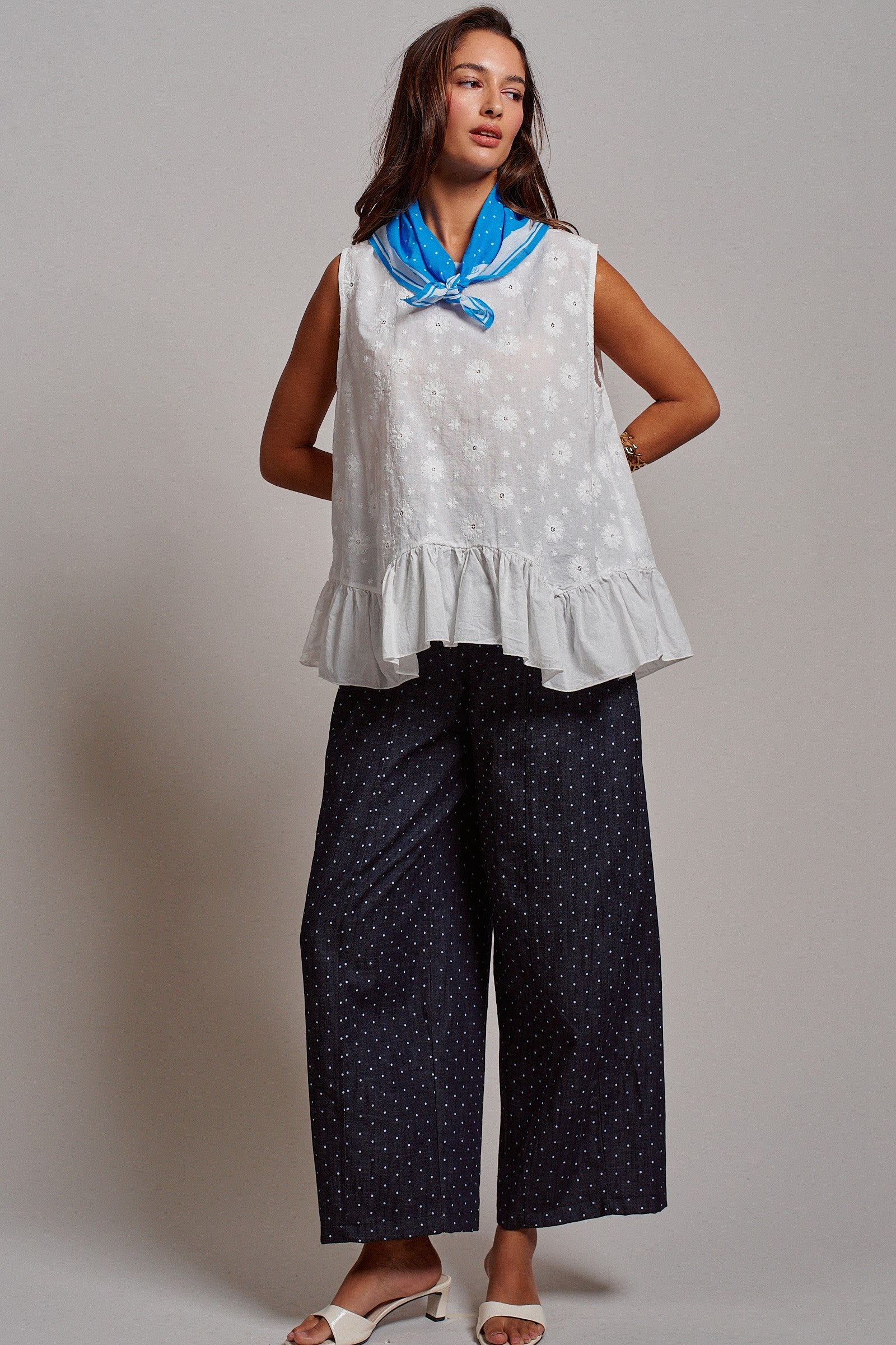 Polka Dot High-Rise Wide-Leg Dress Pants in Dk Denim - Women's Pants | Urban Daizy