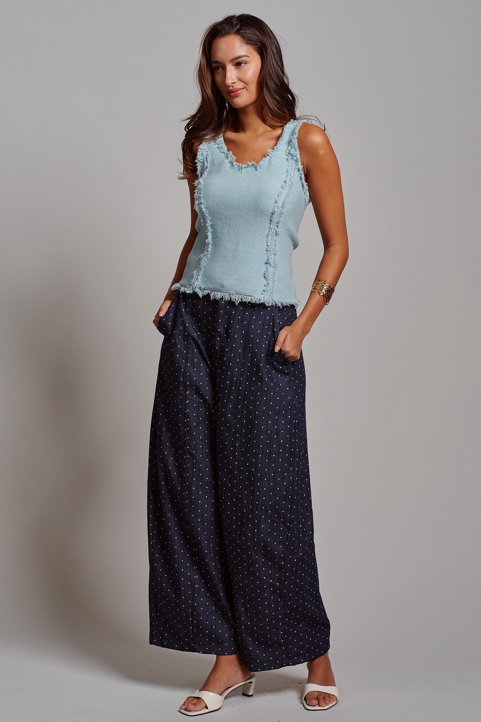 Polka Dot High-Rise Wide-Leg Dress Pants in Dk Denim - Women's Pants | Urban Daizy