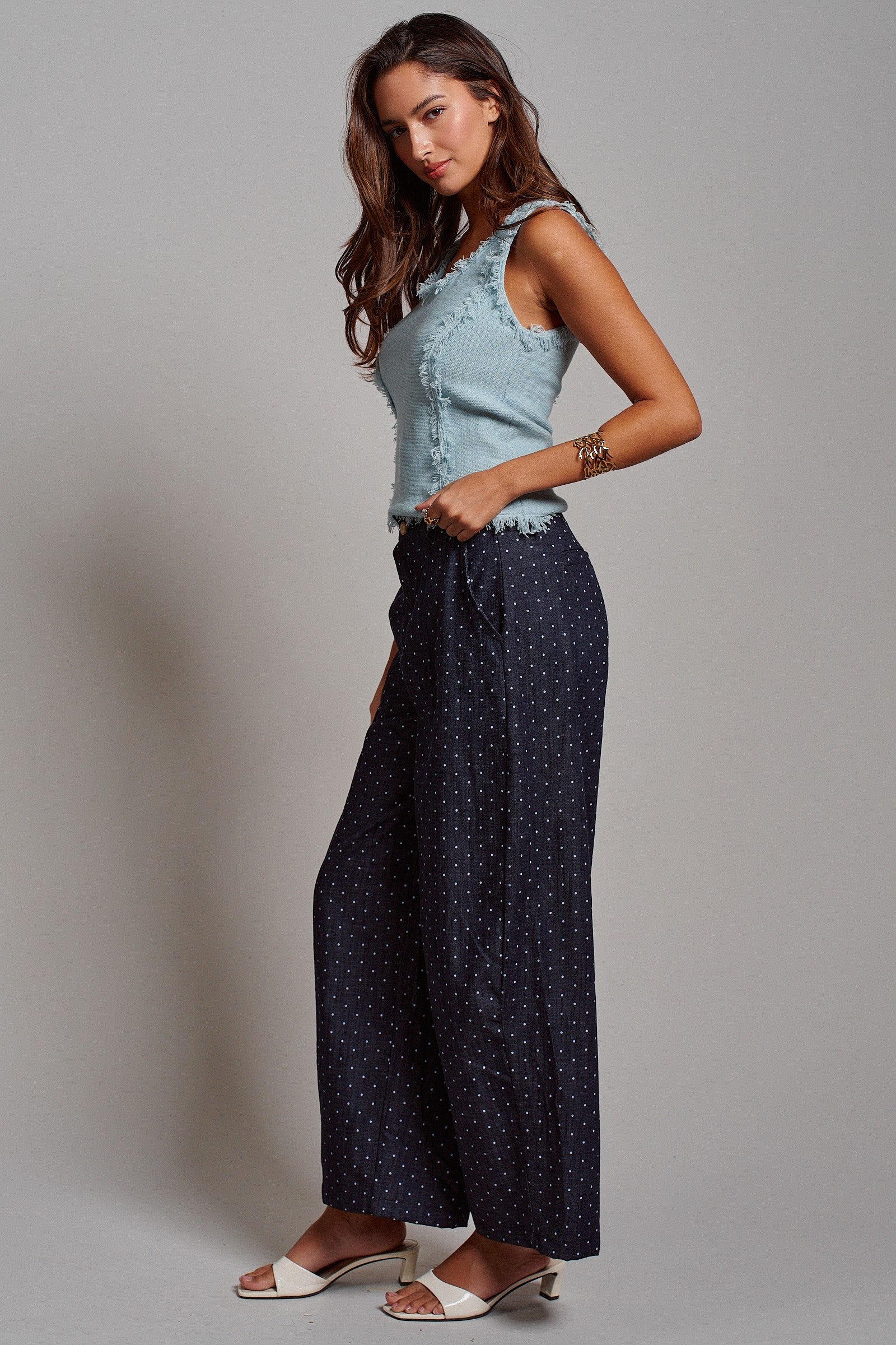 Polka Dot High-Rise Wide-Leg Dress Pants in Dk Denim - Women's Pants | Urban Daizy