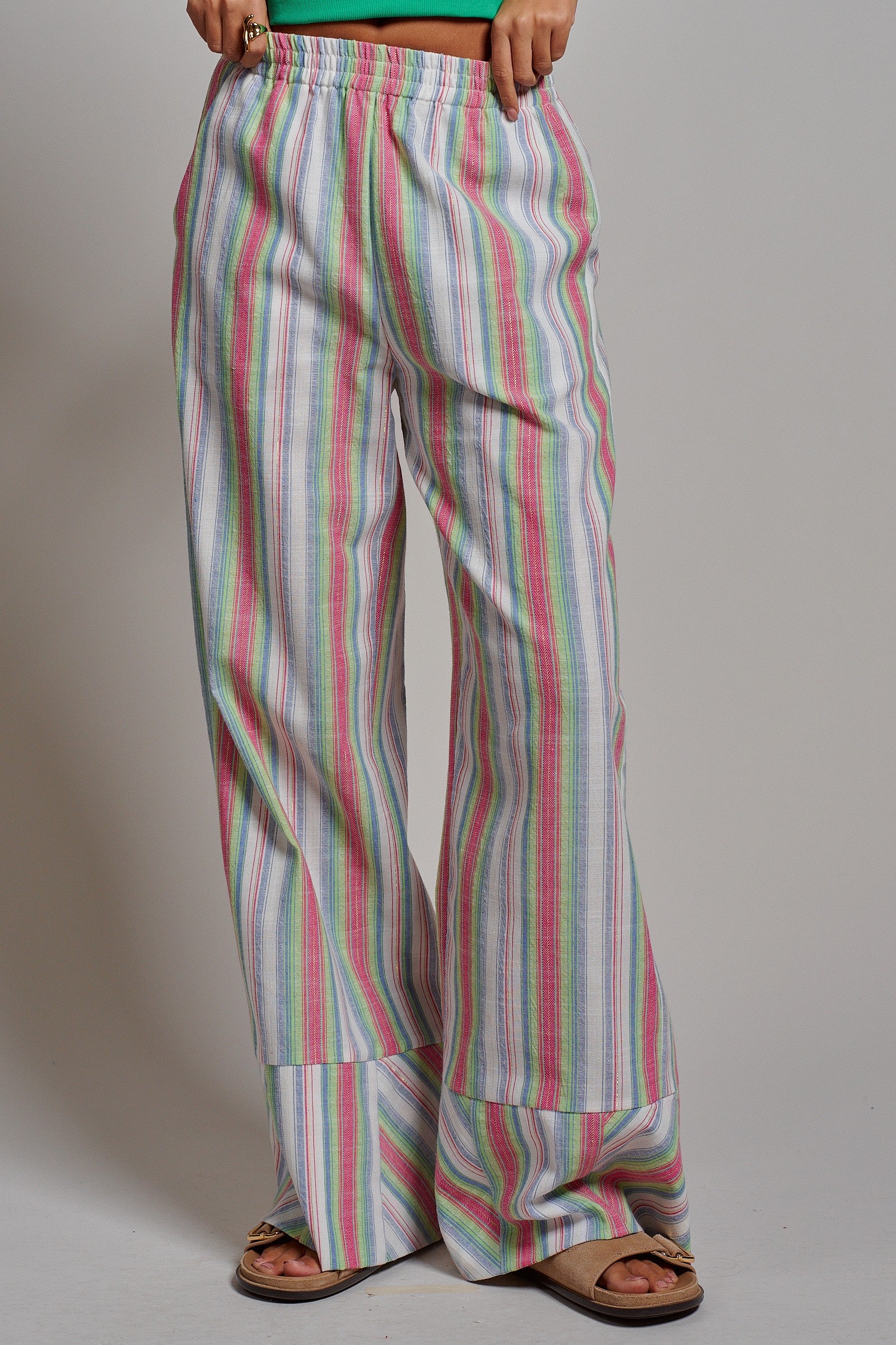 Striped Wide-Leg Cotton Blend Pants in Pink Green - Women's Pants | Urban Daizy