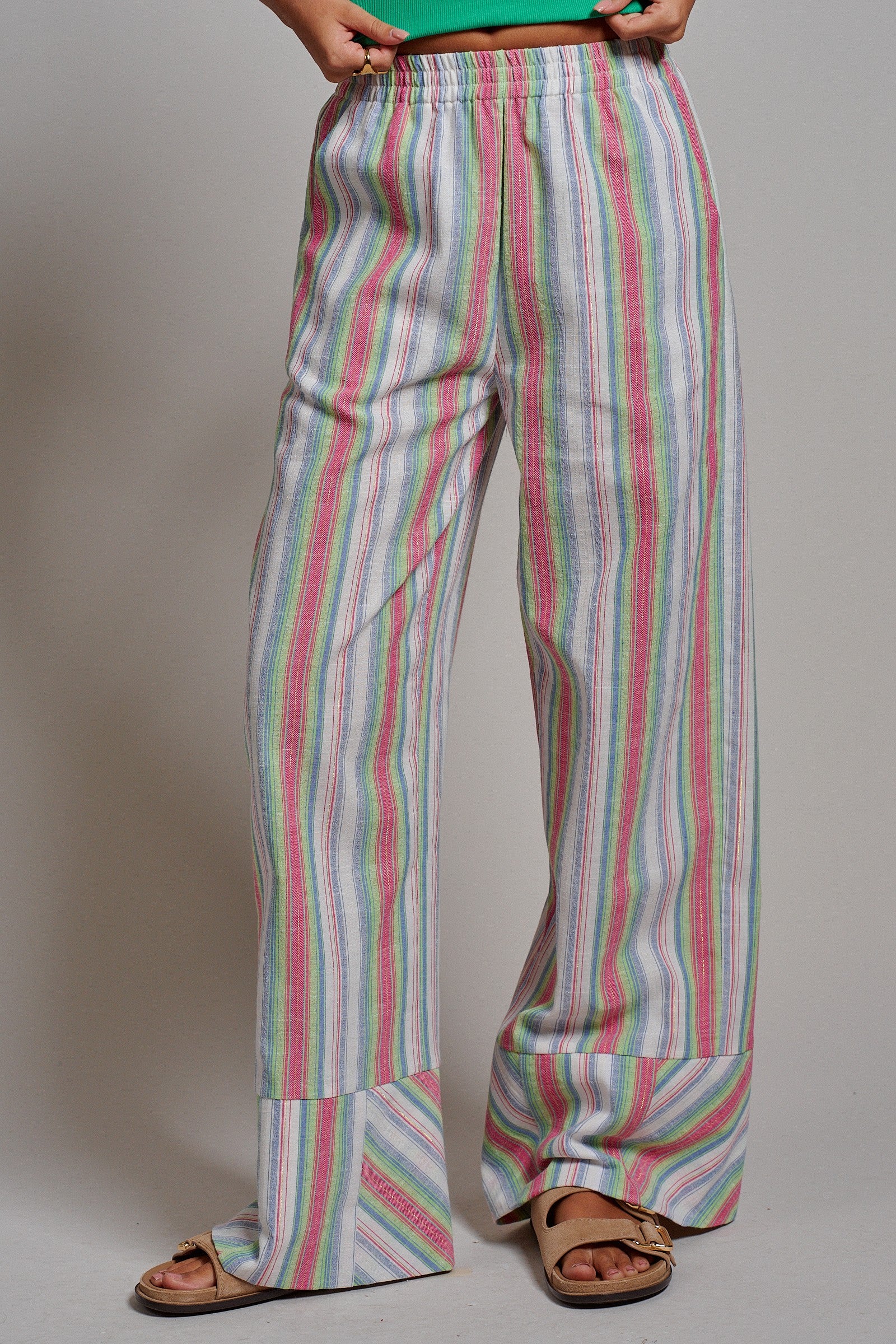 Striped Wide-Leg Cotton Blend Pants in Pink Green - Women's Pants | Urban Daizy