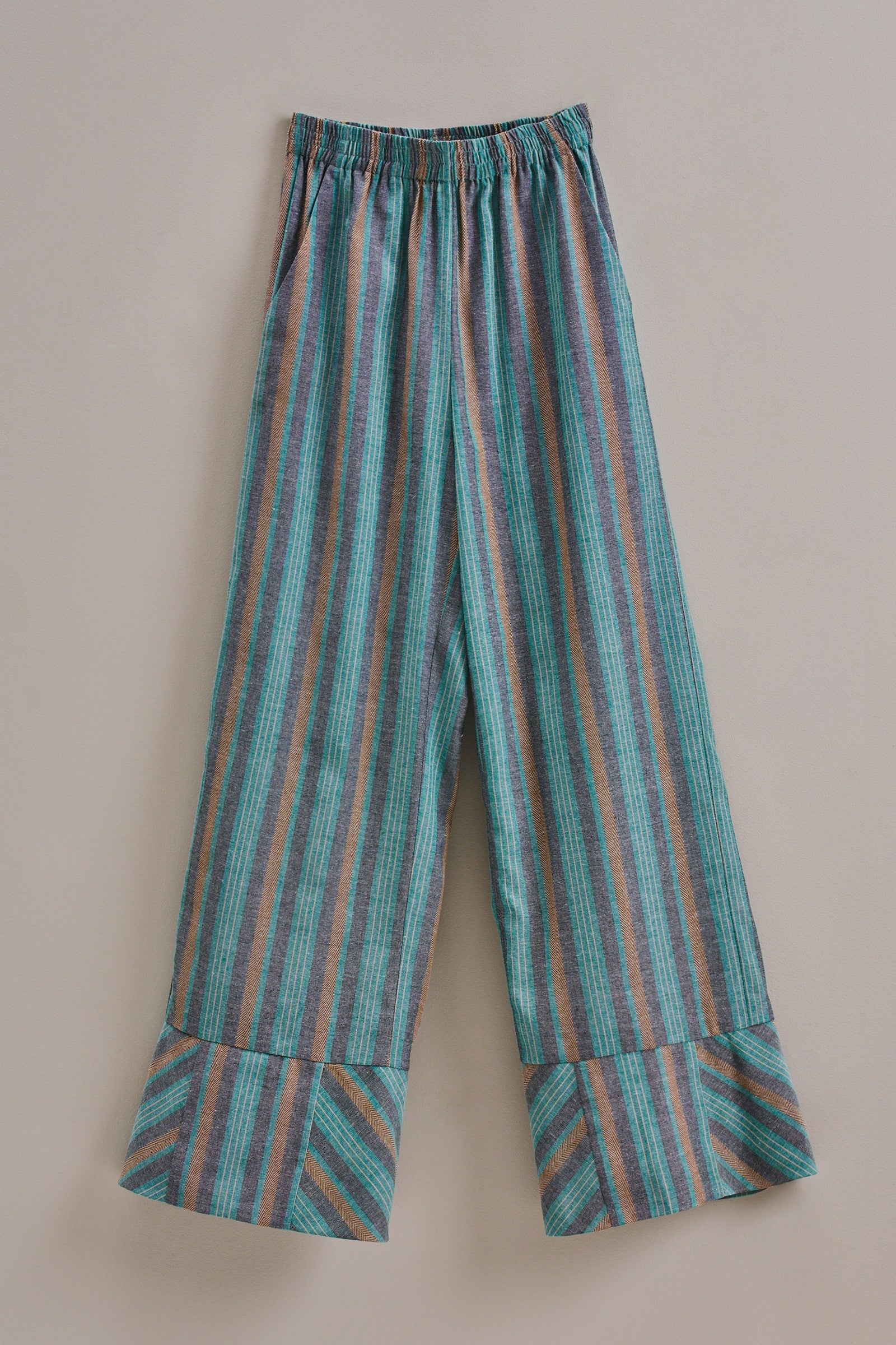 Striped Wide-Leg Cotton Blend Pants in Teal Grey - Women's Pants | Urban Daizy