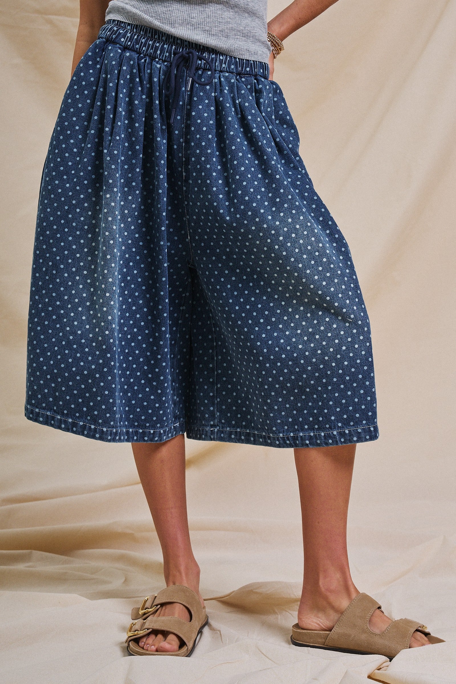 Polka Dot Drawstring Culotte Pants in Dk Denim - Women's Pants | Urban Daizy
