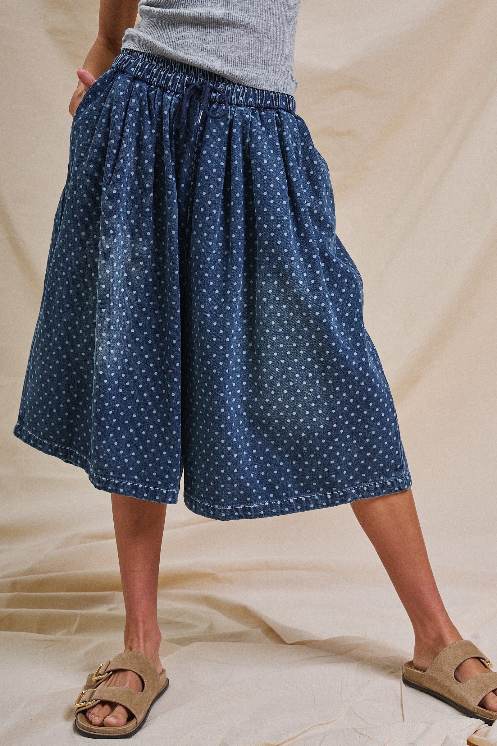 Polka Dot Drawstring Culotte Pants in Dk Denim - Women's Pants | Urban Daizy