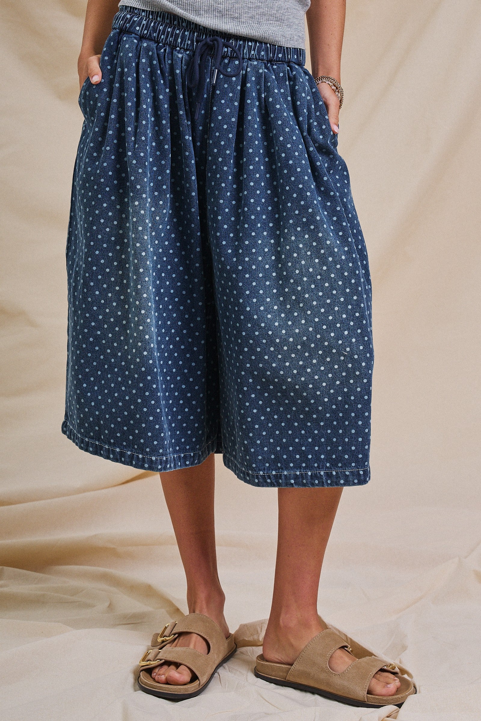 Polka Dot Drawstring Culotte Pants in Dk Denim - Women's Pants | Urban Daizy