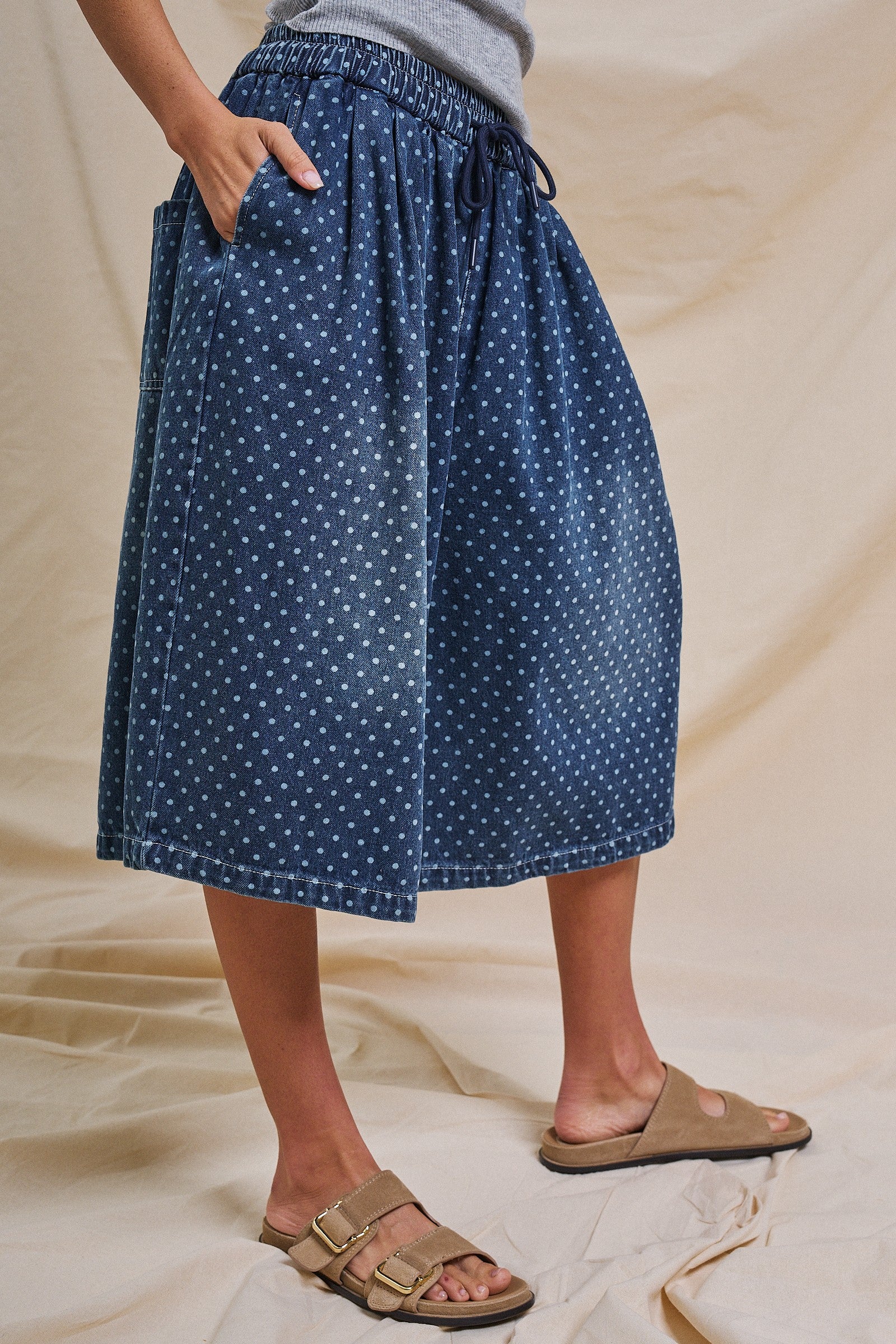 Polka Dot Drawstring Culotte Pants in Dk Denim - Women's Pants | Urban Daizy
