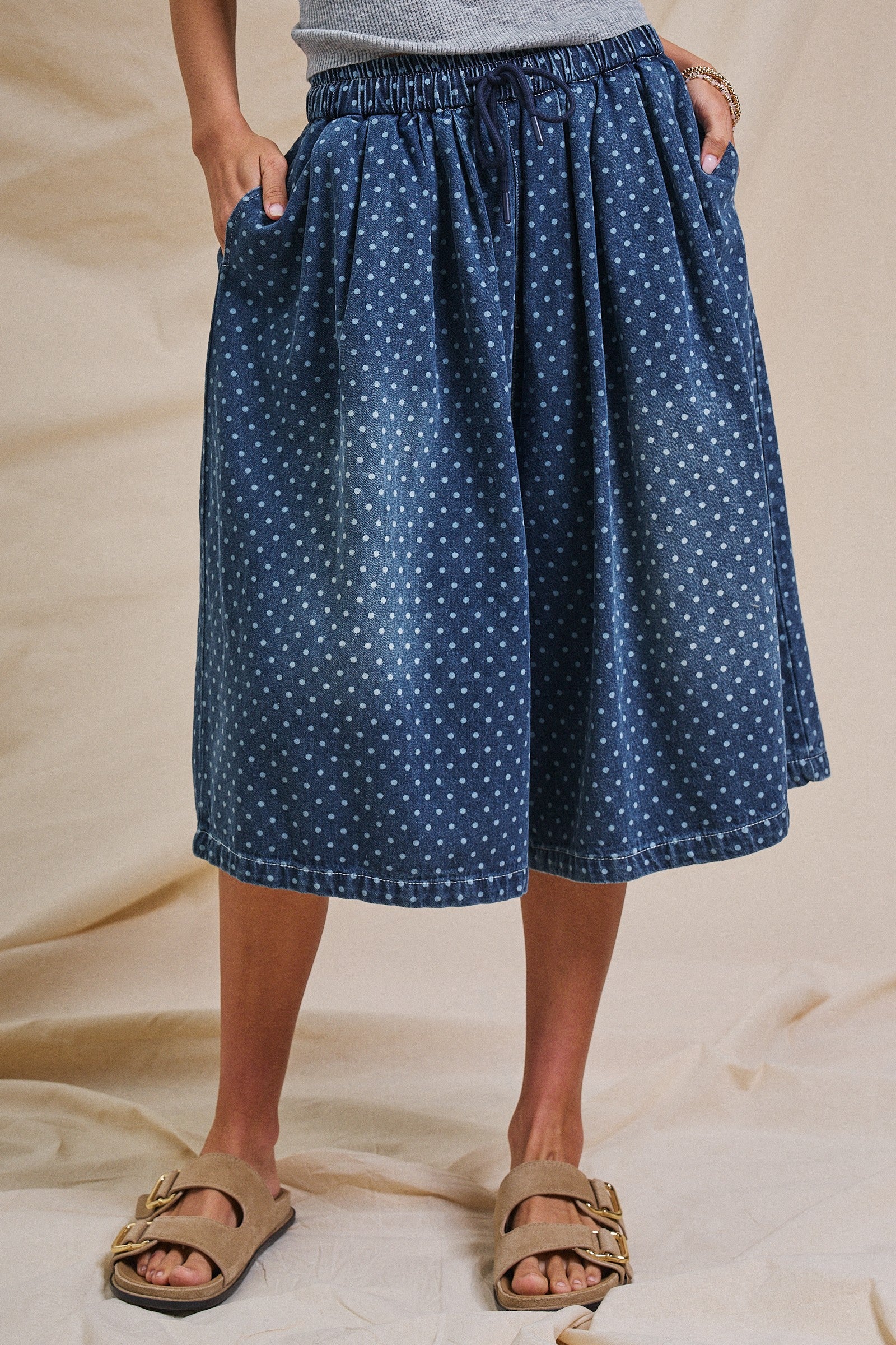 Polka Dot Drawstring Culotte Pants in Dk Denim - Women's Pants | Urban Daizy