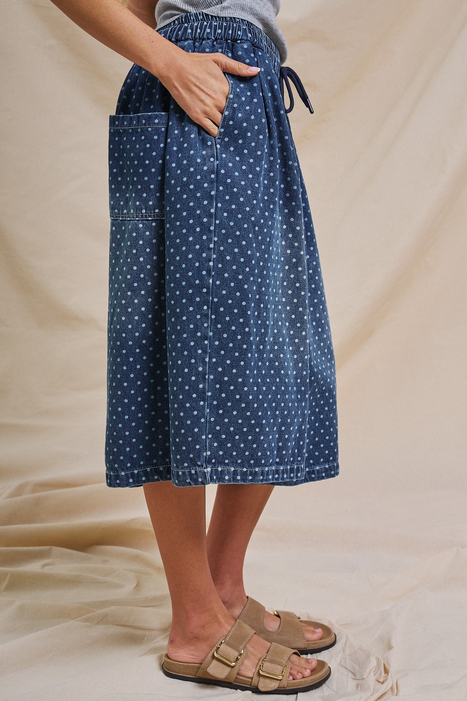 Polka Dot Drawstring Culotte Pants in Dk Denim - Women's Pants | Urban Daizy