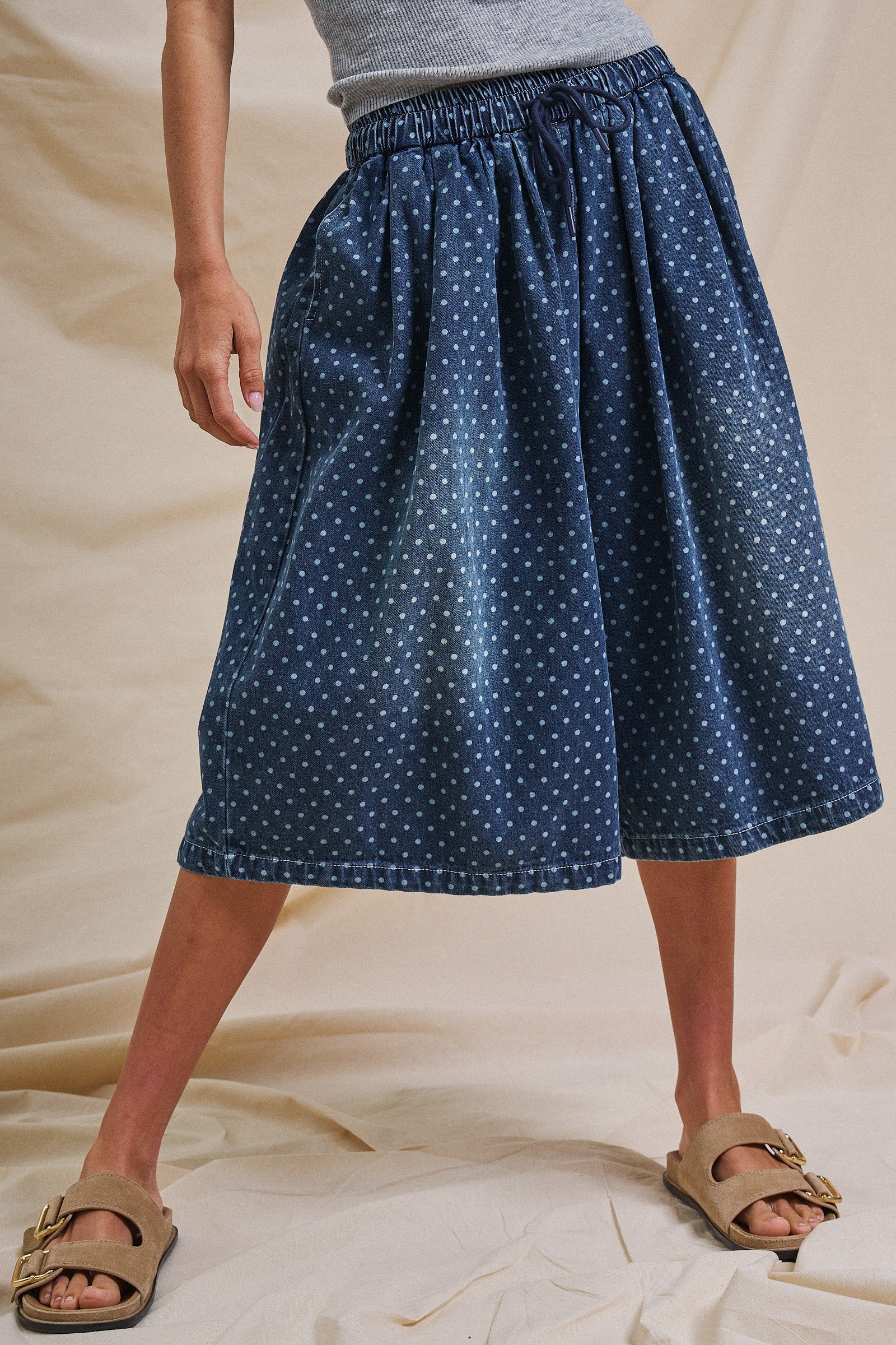 Polka Dot Drawstring Culotte Pants in Dk Denim - Women's Pants | Urban Daizy