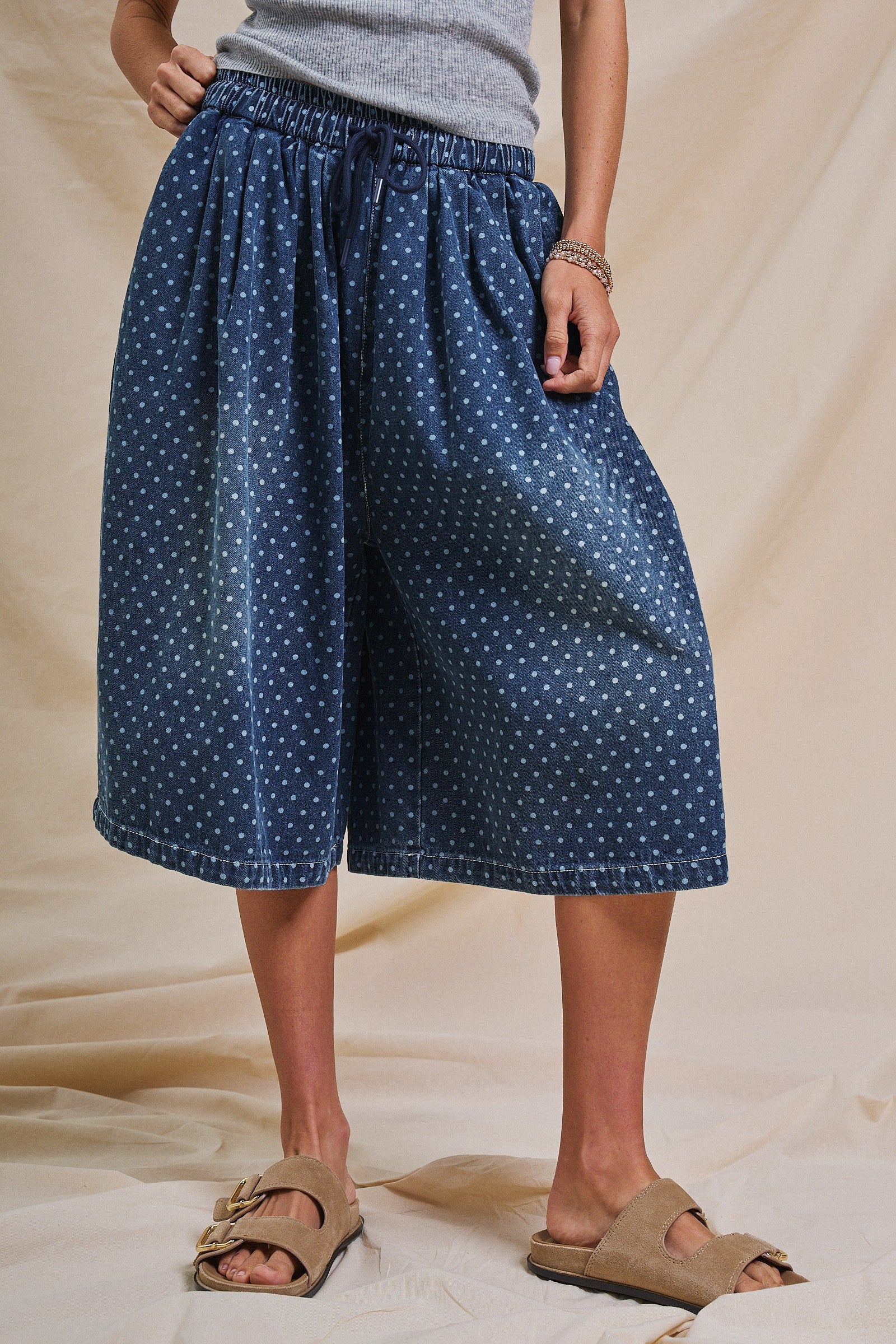 Polka Dot Drawstring Culotte Pants in Dk Denim - Women's Pants | Urban Daizy
