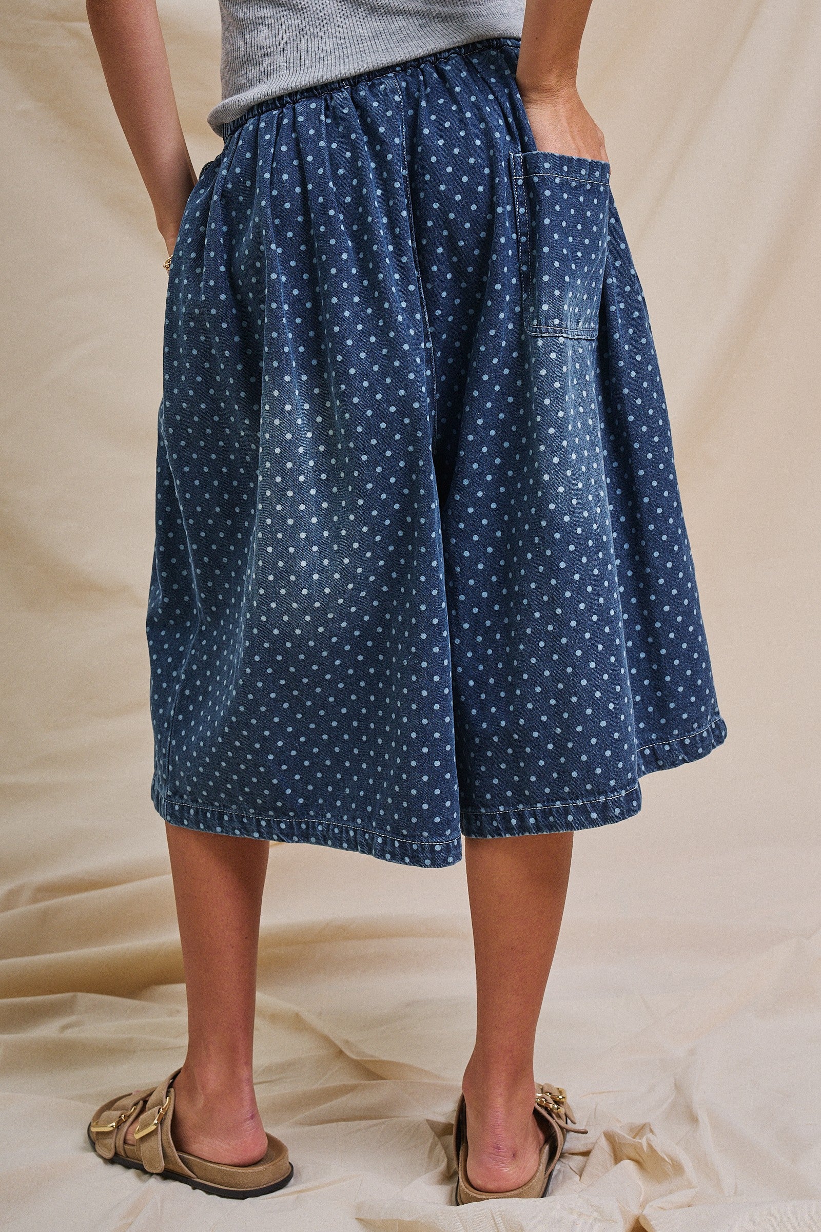 Polka Dot Drawstring Culotte Pants in Dk Denim - Women's Pants | Urban Daizy