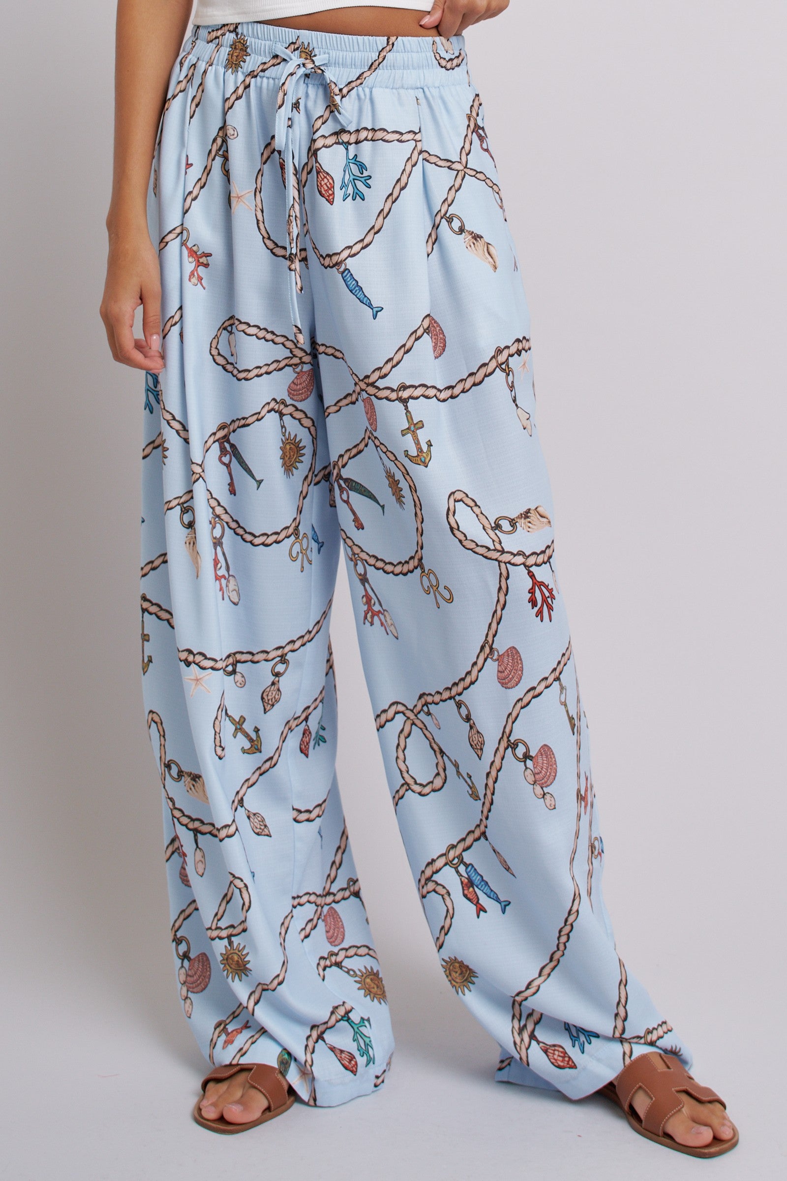 Rope Print Wide Leg Maxi Pants With Drawstring in Blue - Women's Pants | Urban Daizy