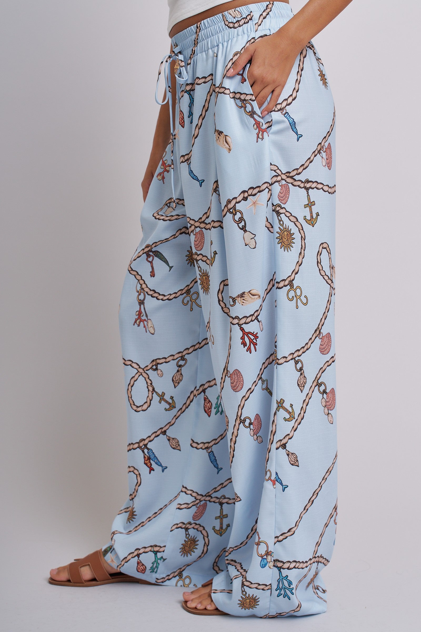 Rope Print Wide Leg Maxi Pants With Drawstring in Blue - Women's Pants | Urban Daizy