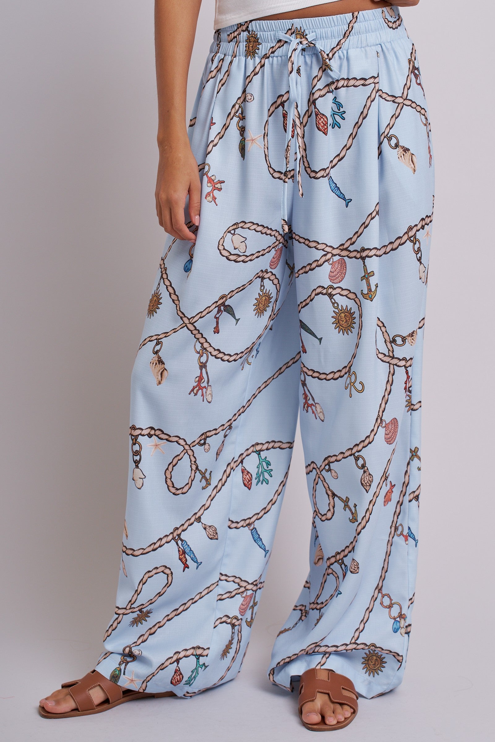 Rope Print Wide Leg Maxi Pants With Drawstring in Blue - Women's Pants | Urban Daizy