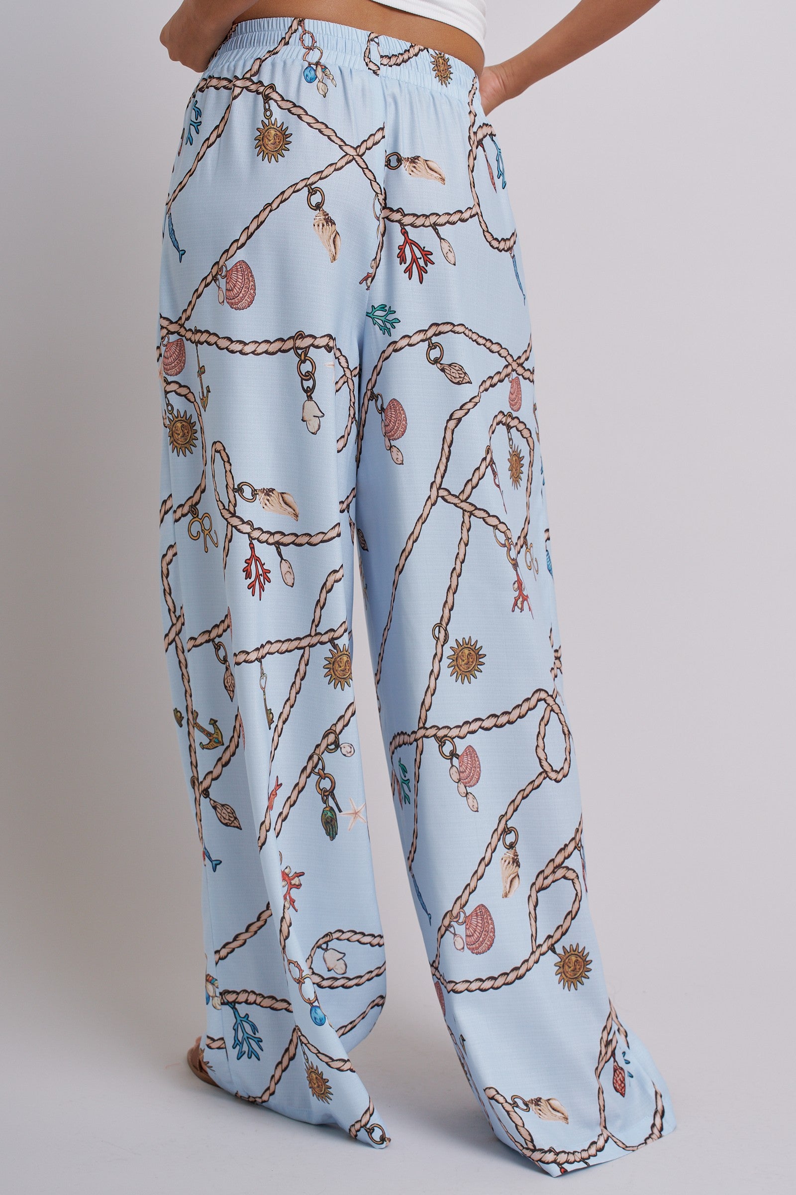 Rope Print Wide Leg Maxi Pants With Drawstring in Blue - Women's Pants | Urban Daizy