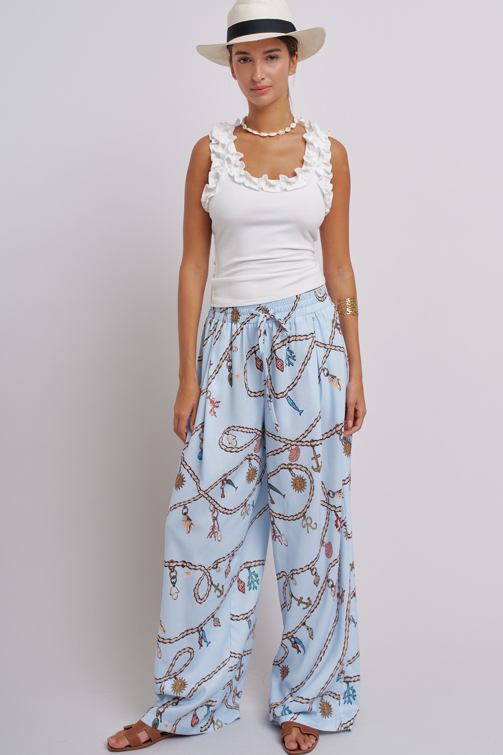 Rope Print Wide Leg Maxi Pants With Drawstring in Blue - Women's Pants | Urban Daizy
