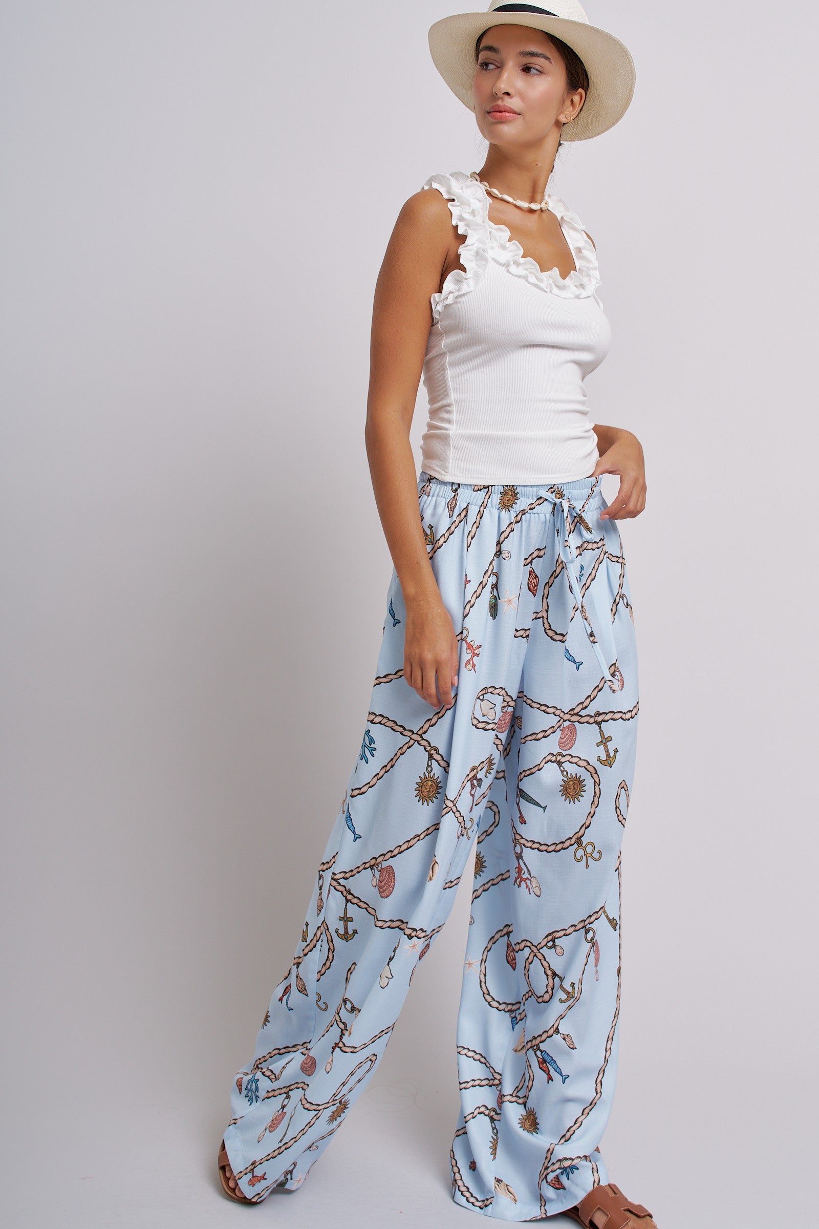 Rope Print Wide Leg Maxi Pants With Drawstring in Blue - Women's Pants | Urban Daizy