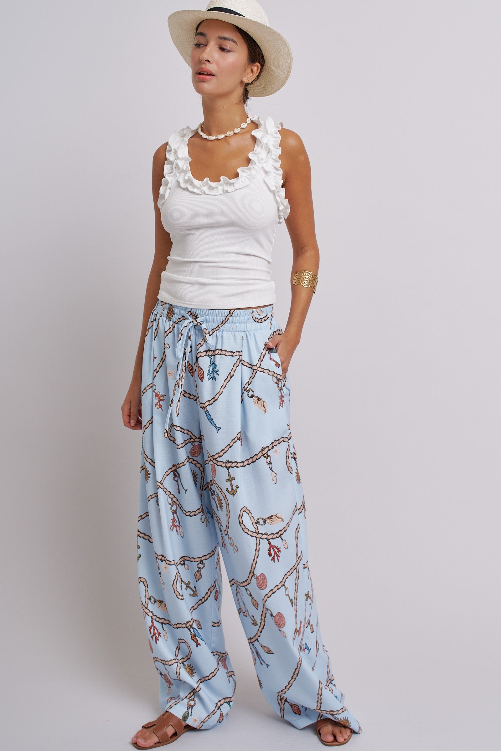 Rope Print Wide Leg Maxi Pants With Drawstring in Blue - Women's Pants | Urban Daizy