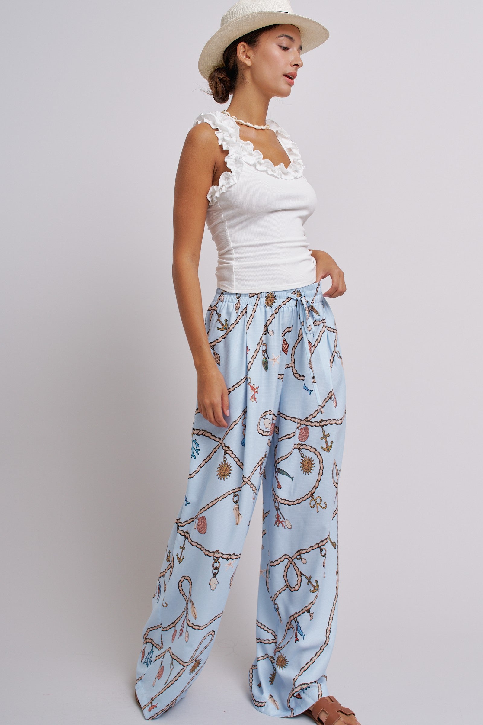 Rope Print Wide Leg Maxi Pants With Drawstring in Blue - Women's Pants | Urban Daizy