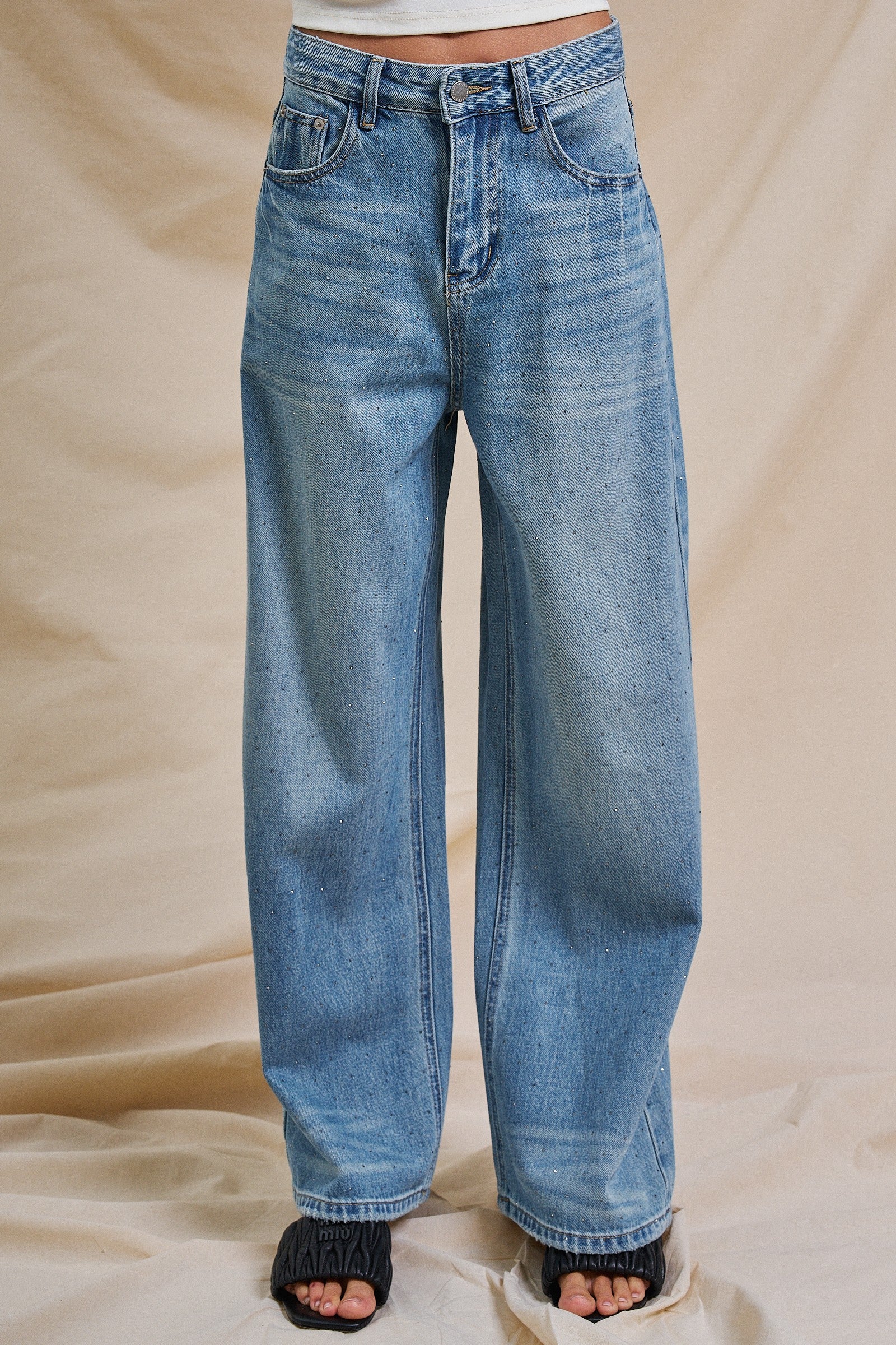 Sparkle Wash Wide-Leg Denim Jeans in Denim - Women's Pants | Urban Daizy