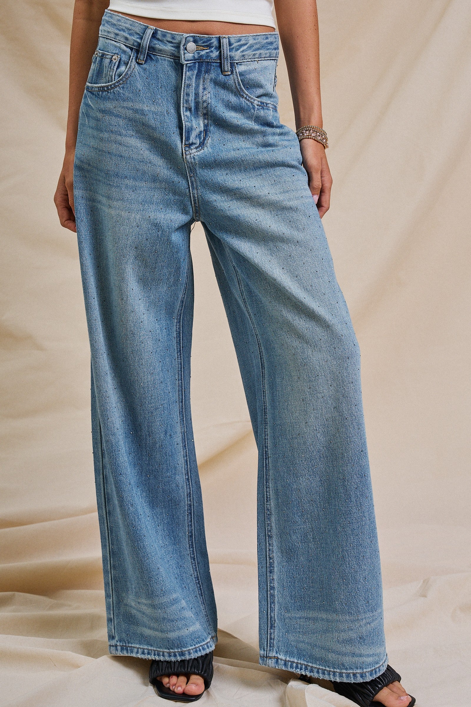 Sparkle Wash Wide-Leg Denim Jeans in Denim - Women's Pants | Urban Daizy