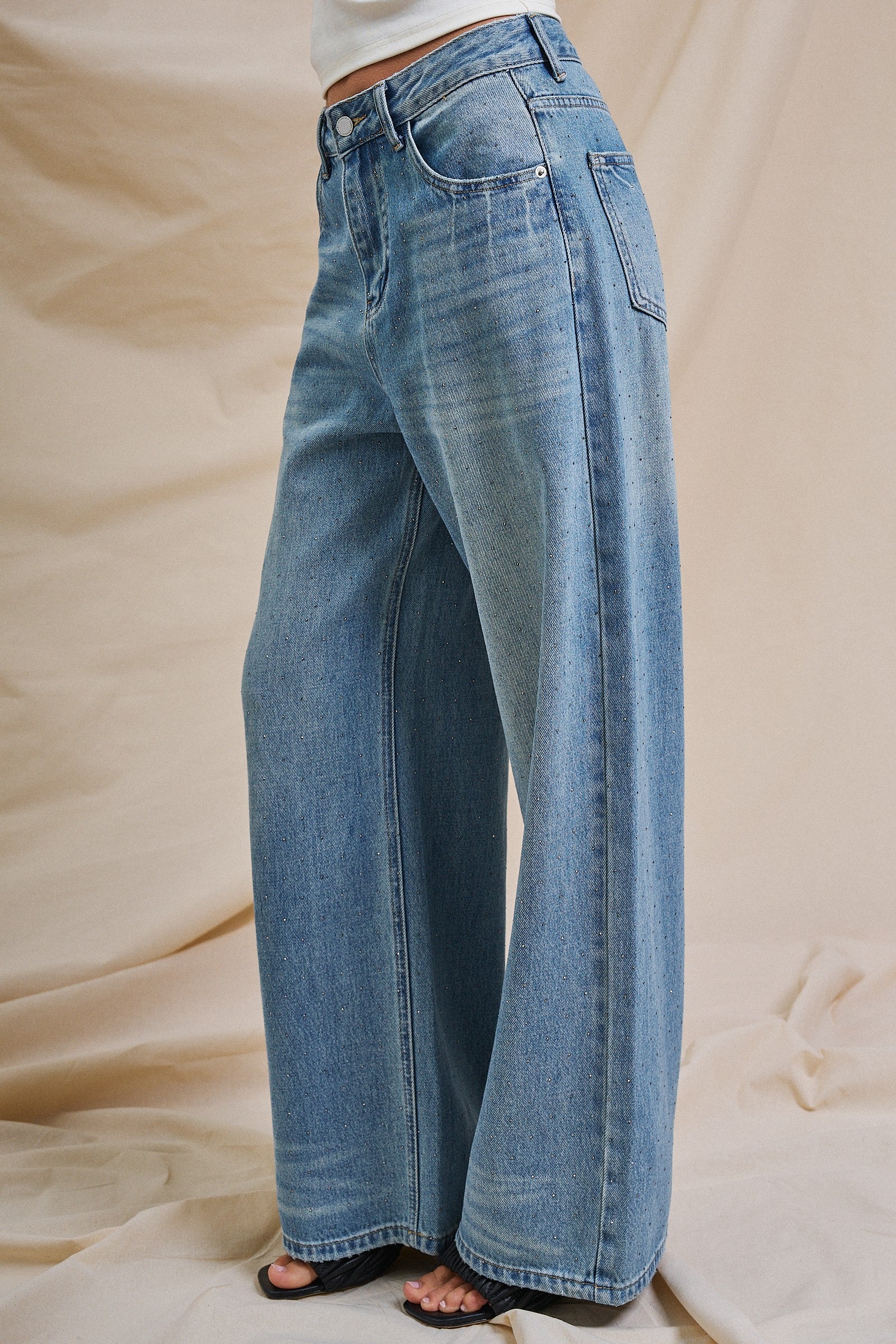Sparkle Wash Wide-Leg Denim Jeans in Denim - Women's Pants | Urban Daizy