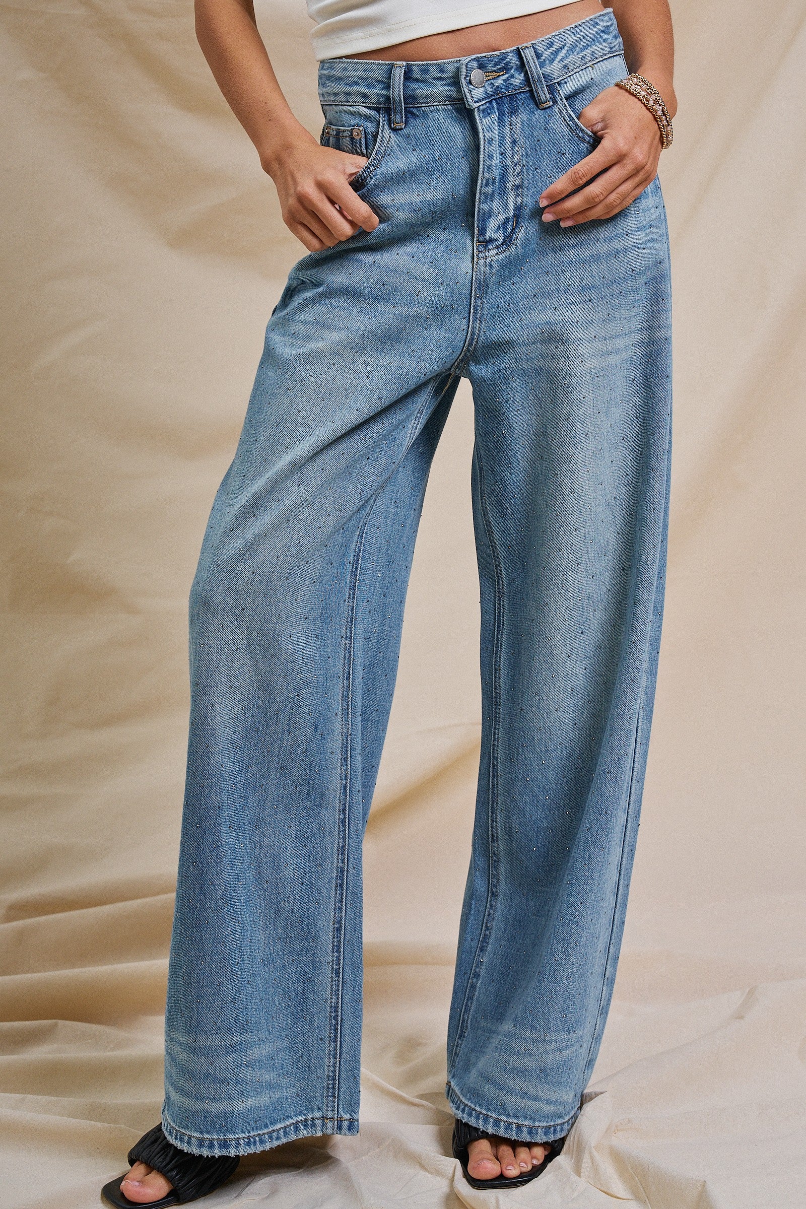 Sparkle Wash Wide-Leg Denim Jeans in Denim - Women's Pants | Urban Daizy