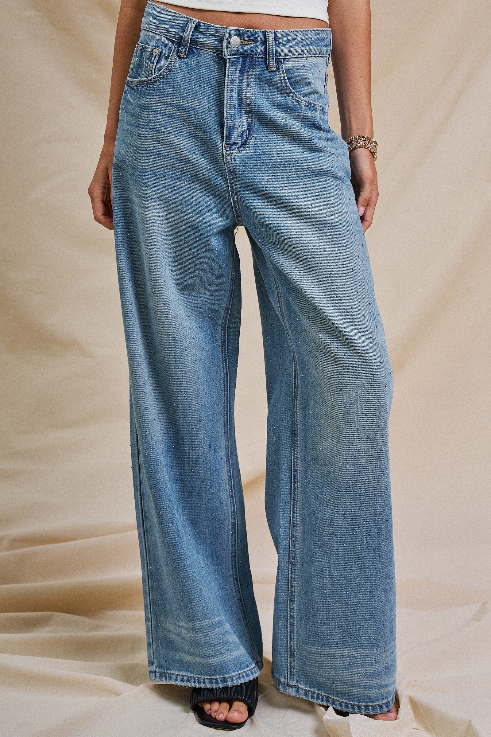 Sparkle Wash Wide-Leg Denim Jeans in Denim - Women's Pants | Urban Daizy