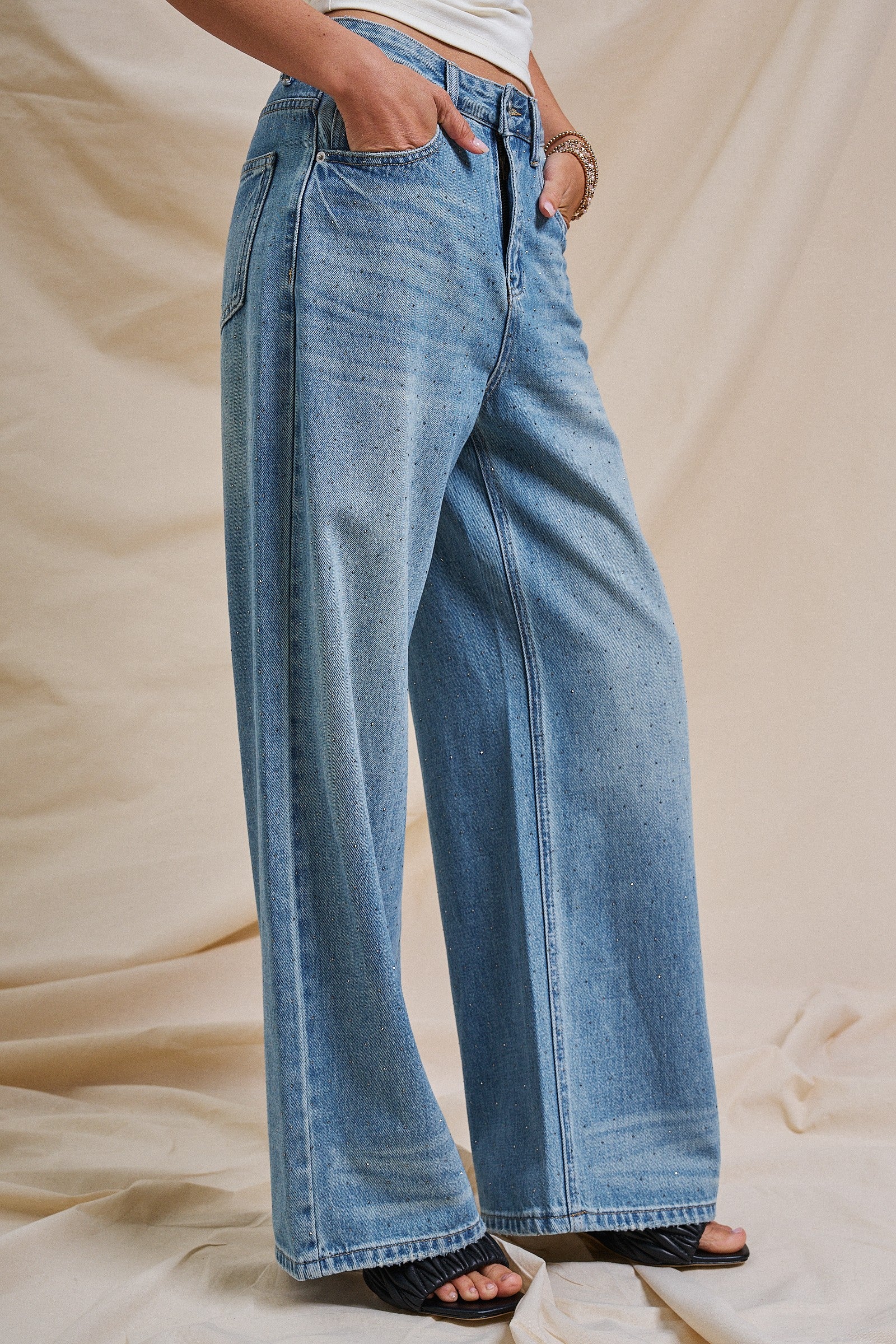 Sparkle Wash Wide-Leg Denim Jeans in Denim - Women's Pants | Urban Daizy