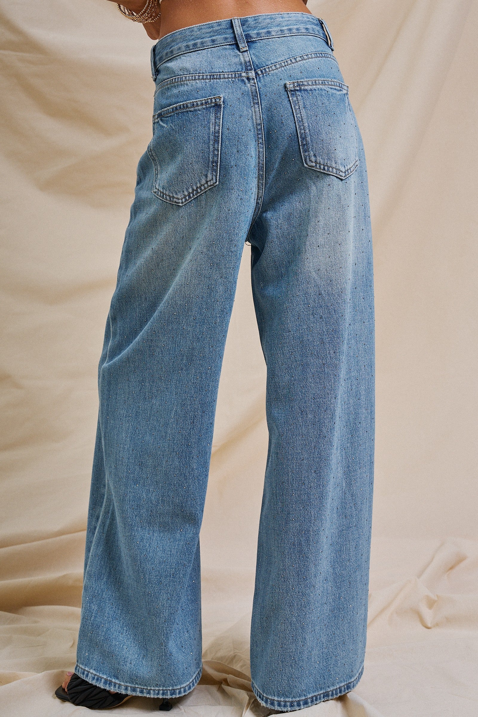 Sparkle Wash Wide-Leg Denim Jeans in Denim - Women's Pants | Urban Daizy