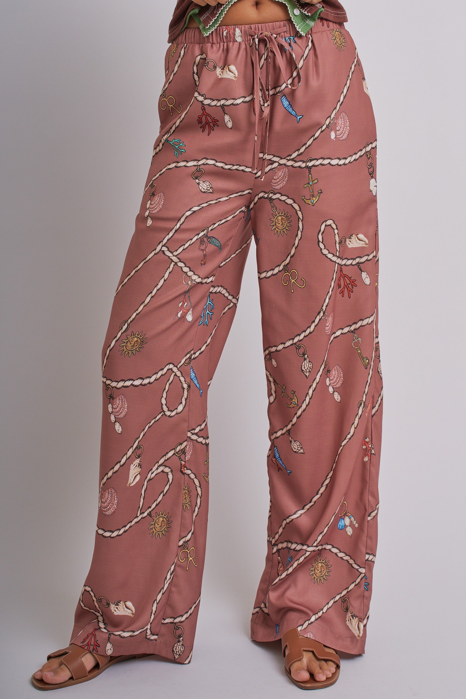 Satin Wide Leg Pants - Rope Print With Elastic Waist in Brown - Women's Pants | Urban Daizy