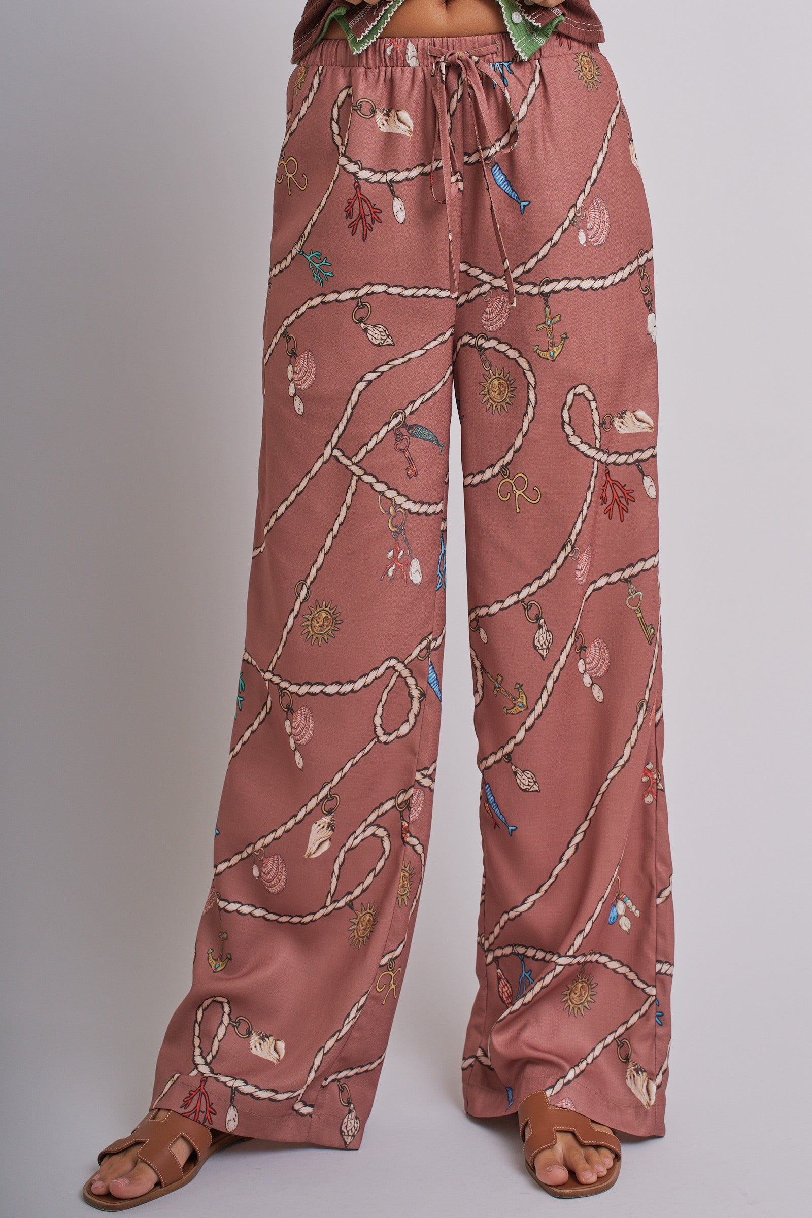 Satin Wide Leg Pants - Rope Print With Elastic Waist in Brown - Women's Pants | Urban Daizy