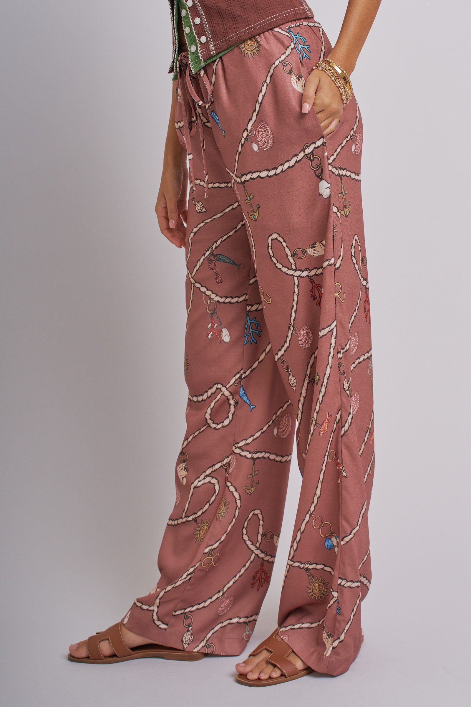 Satin Wide Leg Pants - Rope Print With Elastic Waist in Brown - Women's Pants | Urban Daizy