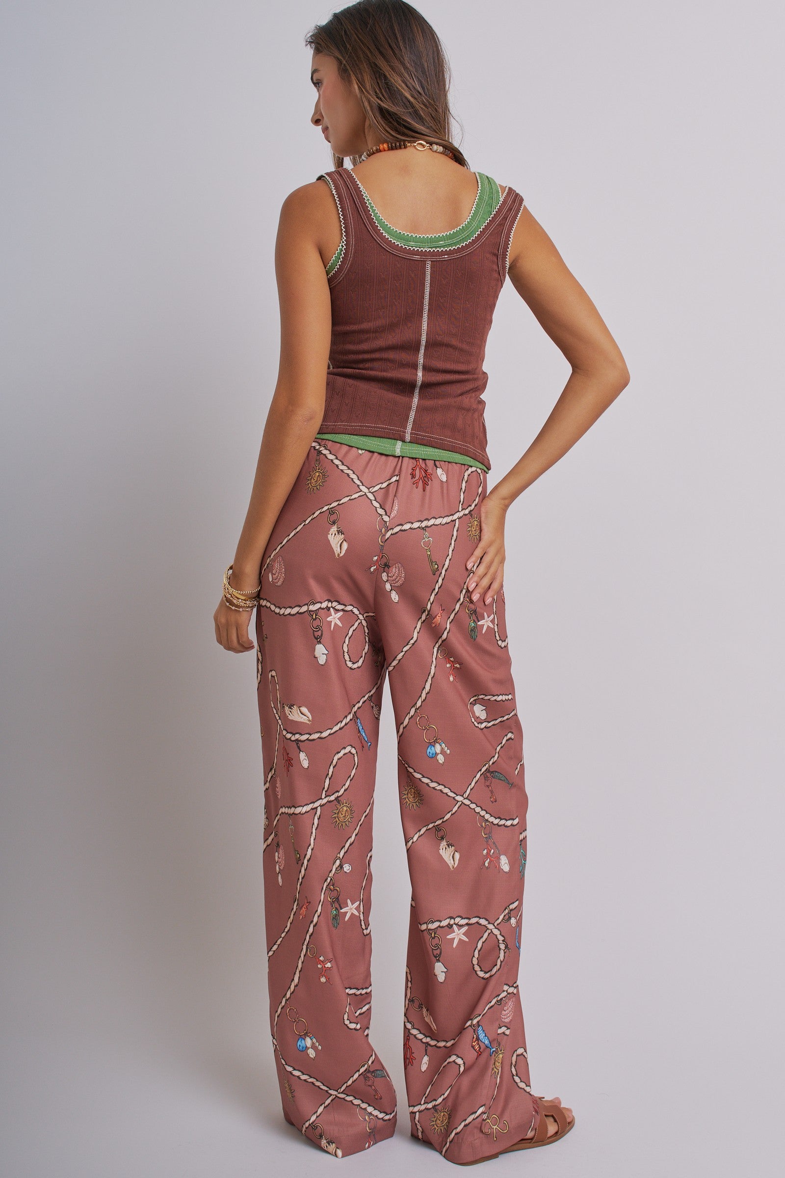 Satin Wide Leg Pants - Rope Print With Elastic Waist in Brown - Women's Pants | Urban Daizy