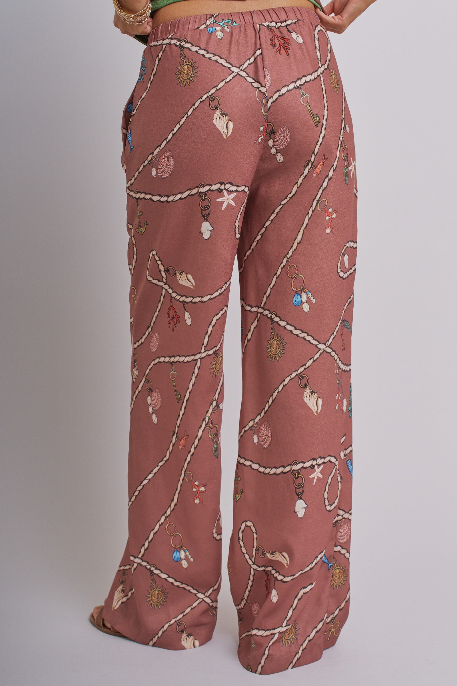 Satin Wide Leg Pants - Rope Print With Elastic Waist in Brown - Women's Pants | Urban Daizy