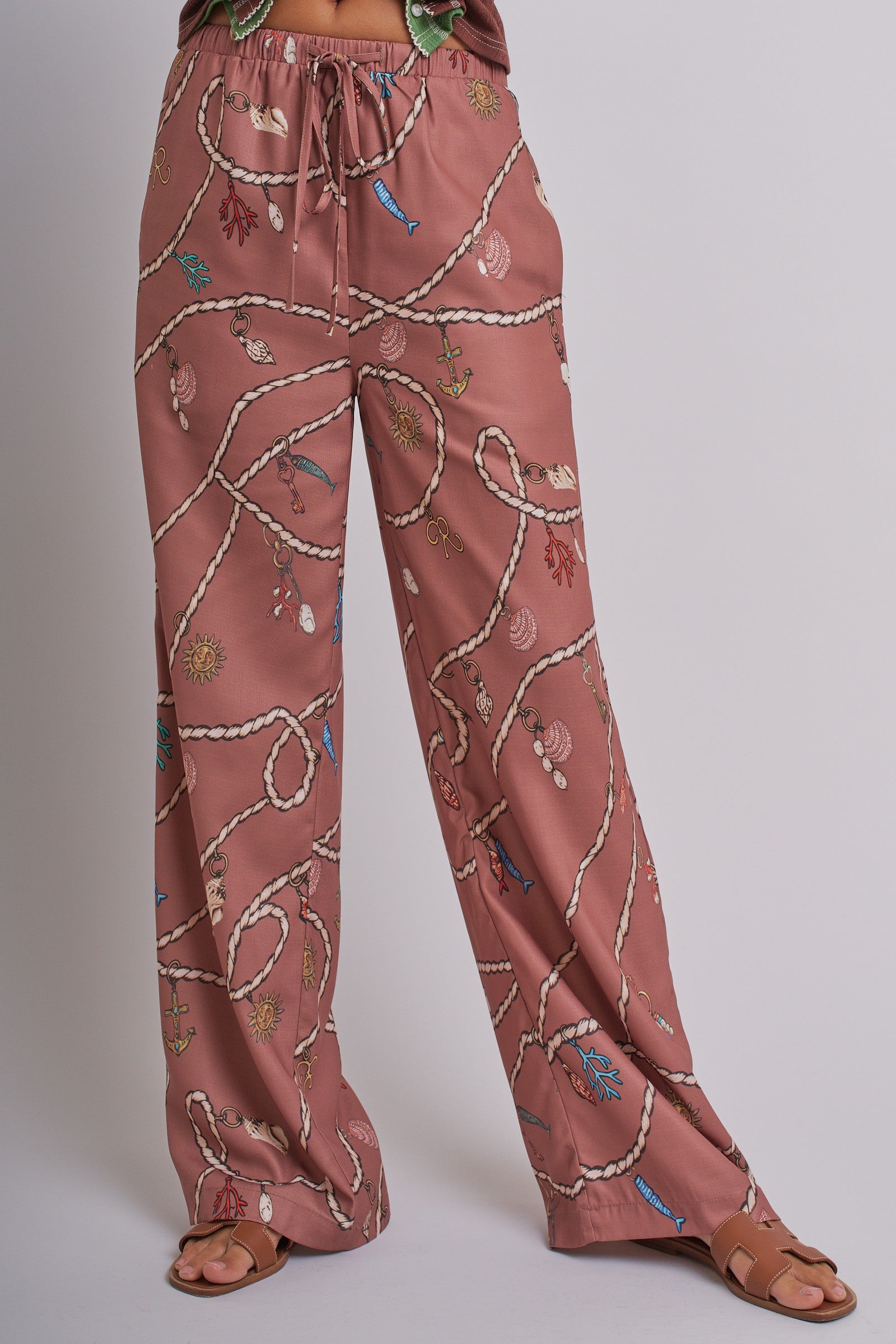 Satin Wide Leg Pants - Rope Print With Elastic Waist in Brown - Women's Pants | Urban Daizy