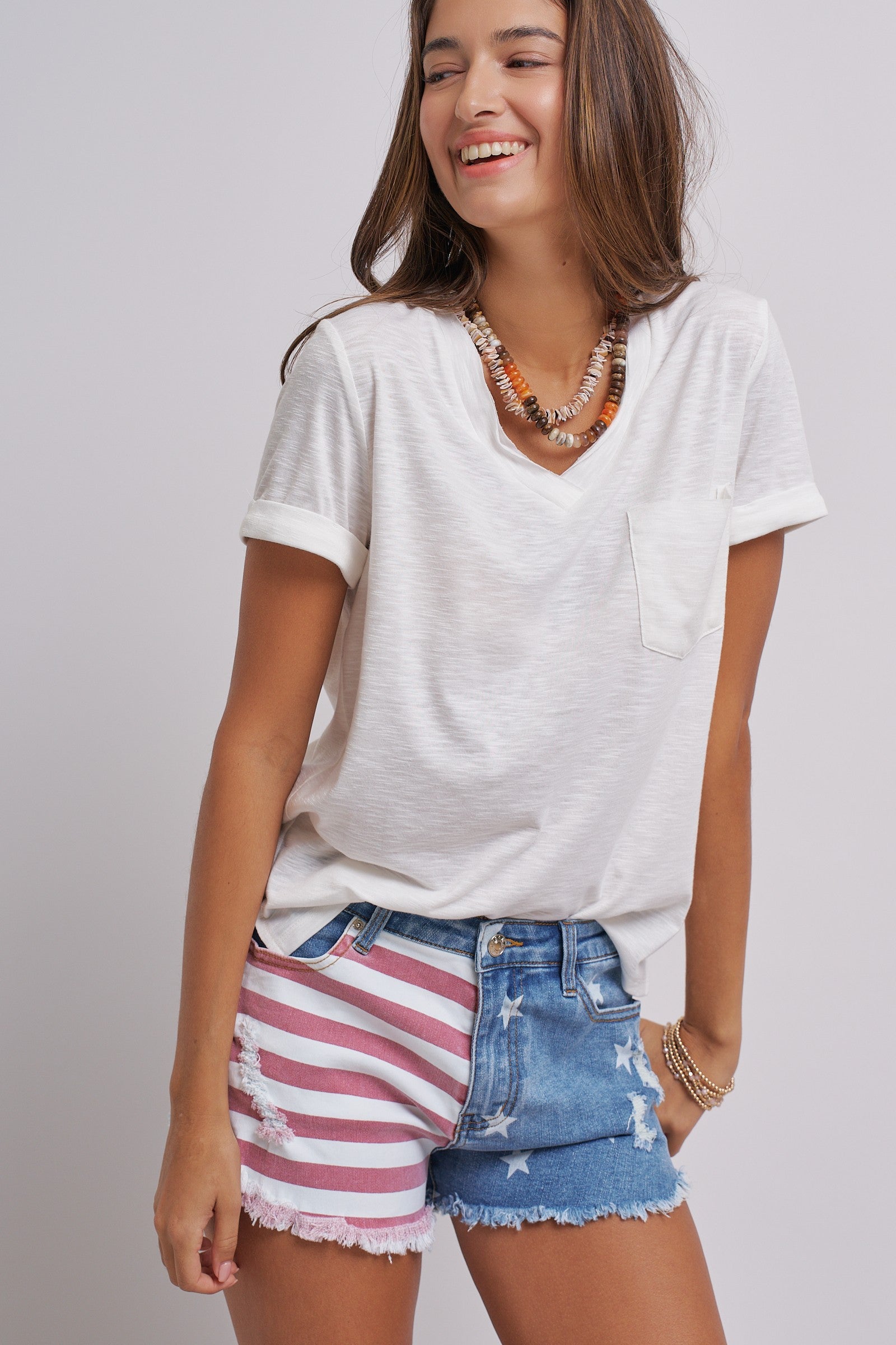 Stars And Stripes Cutoff Denim Shorts Distressed in Lt Denim - Women's Pants | Urban Daizy