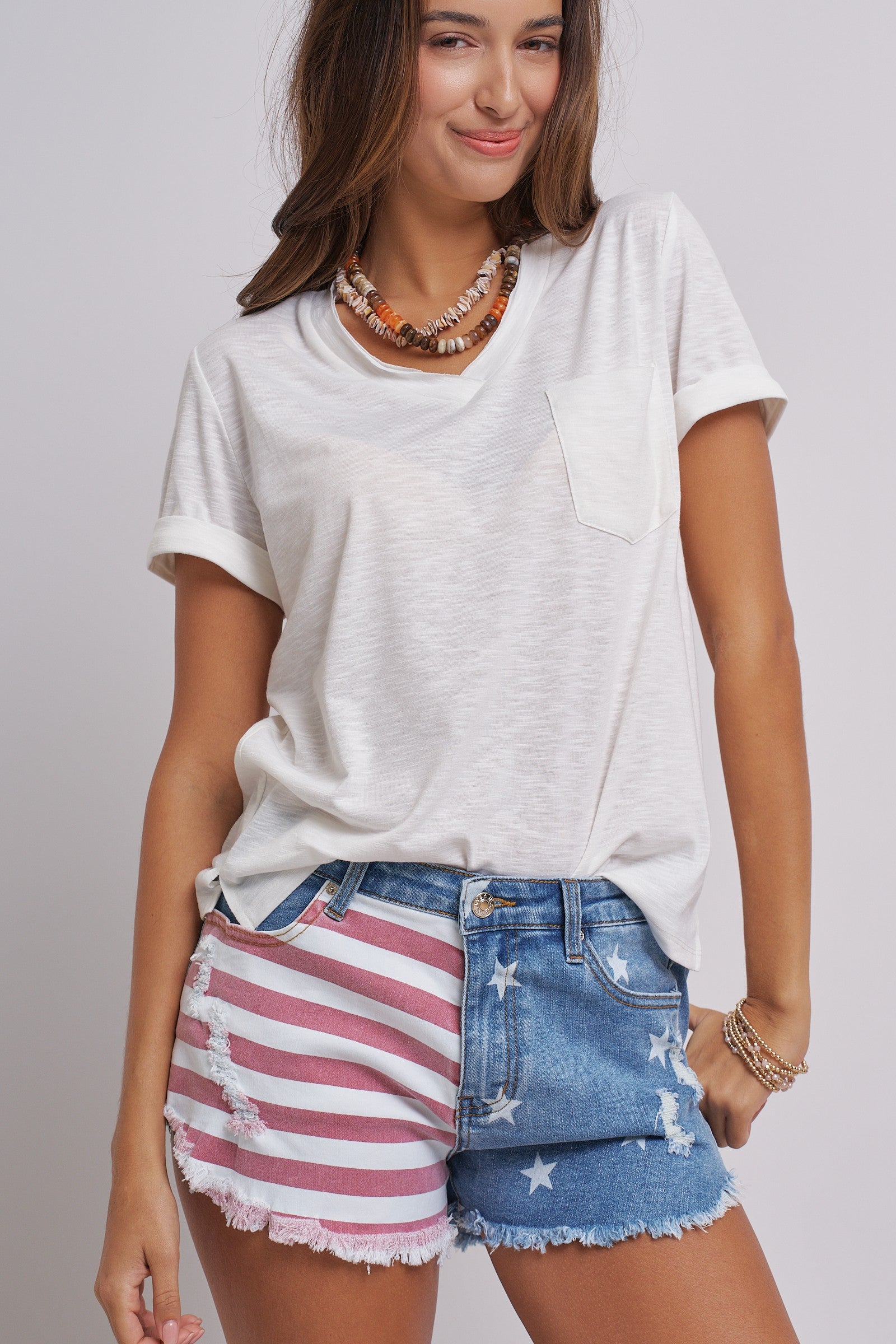 Stars And Stripes Cutoff Denim Shorts Distressed in Lt Denim - Women's Pants | Urban Daizy