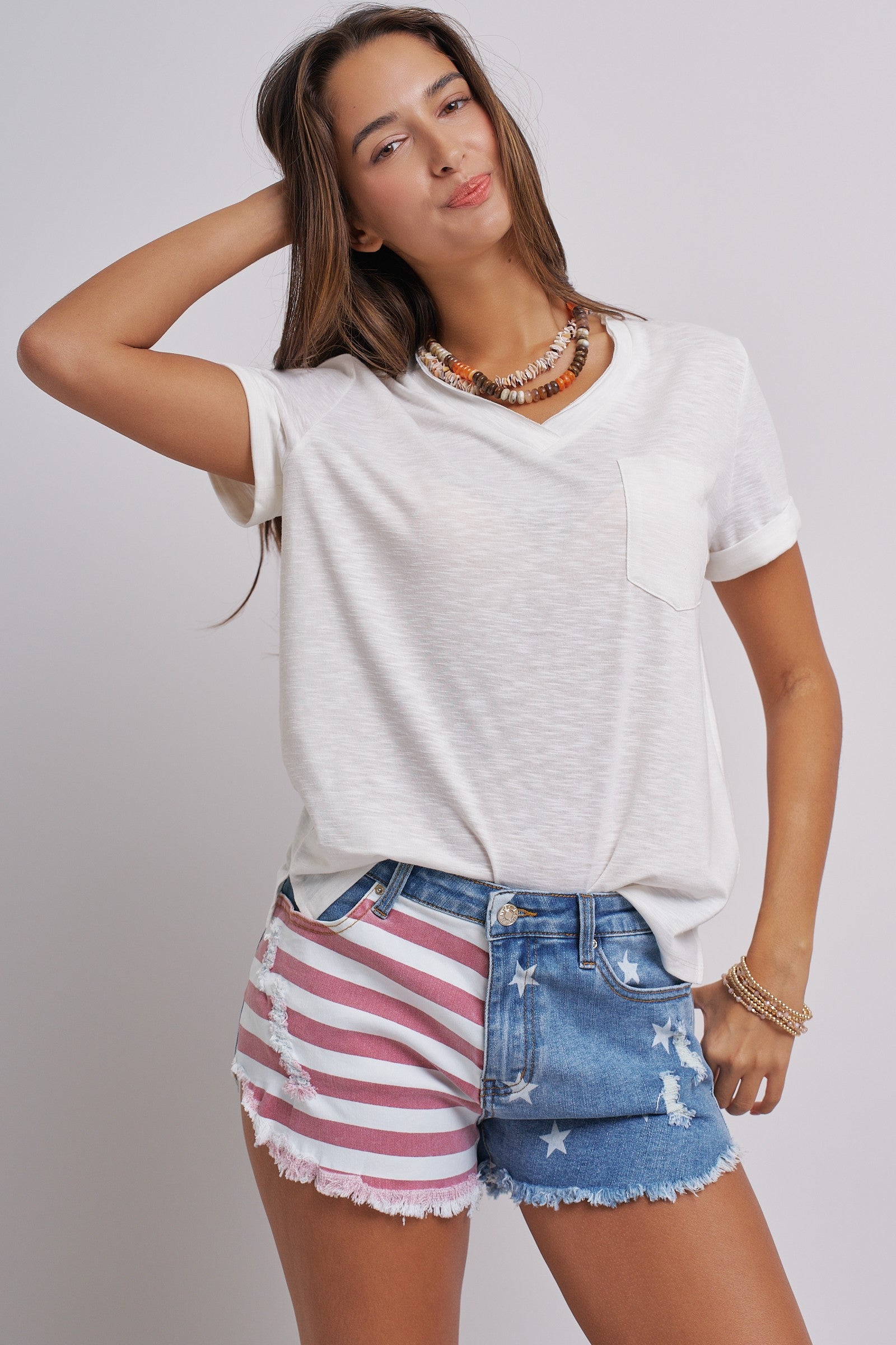 Stars And Stripes Cutoff Denim Shorts Distressed in Lt Denim - Women's Pants | Urban Daizy