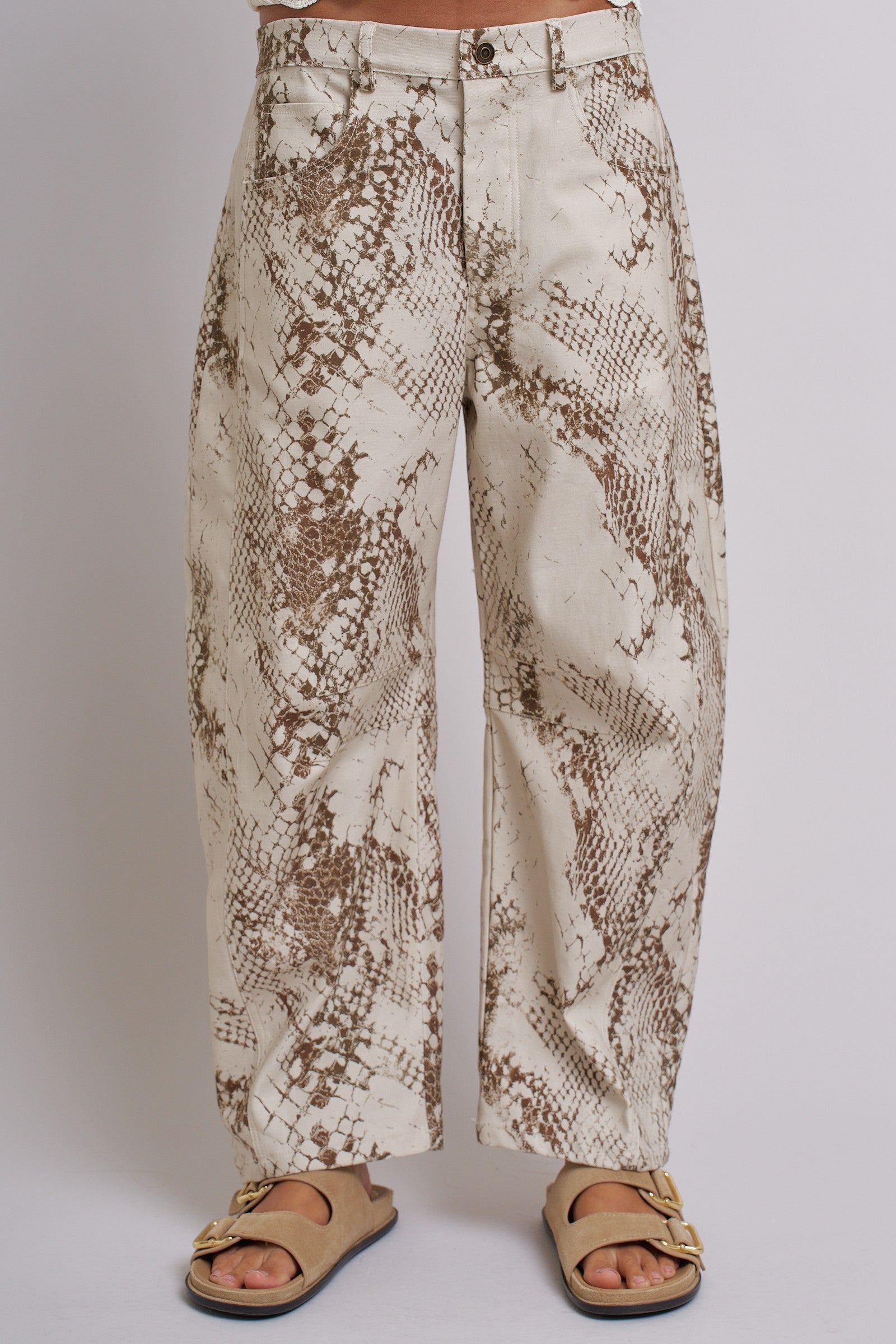 Python Print Wide Leg Pants High Waist Cotton in Ivory - Women's Pants | Urban Daizy
