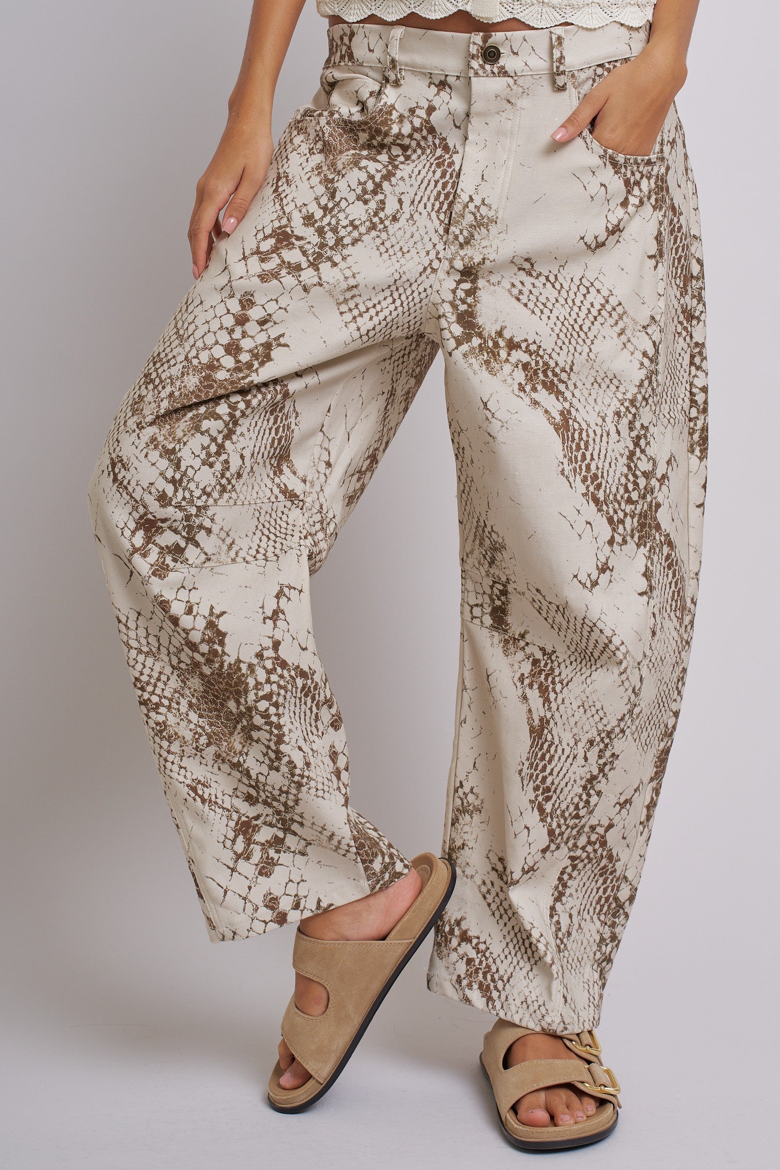 Python Print Wide Leg Pants High Waist Cotton in Ivory - Women's Pants | Urban Daizy