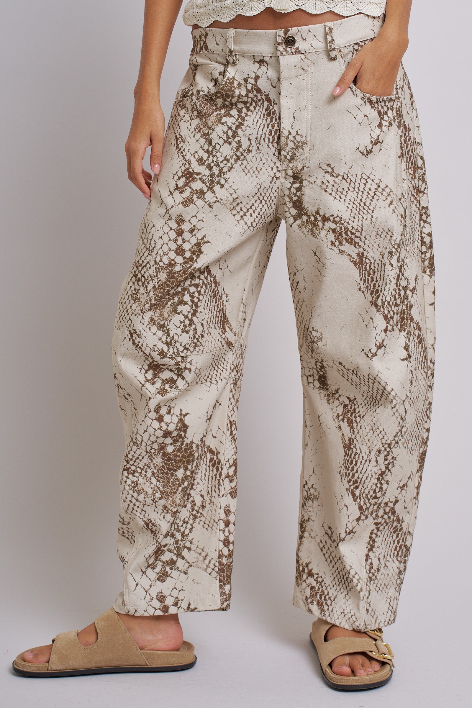 Python Print Wide Leg Pants High Waist Cotton in Ivory - Women's Pants | Urban Daizy