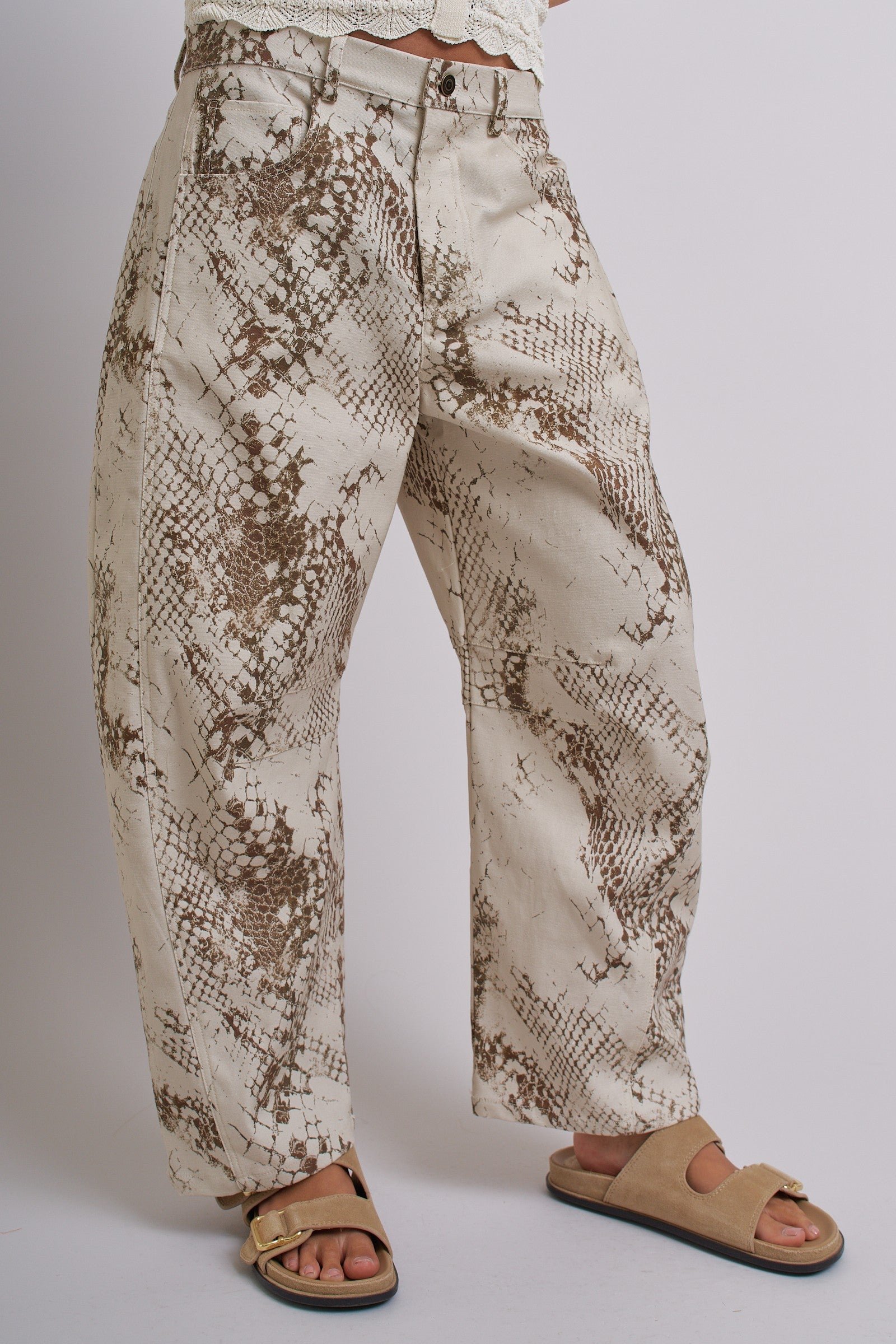 Python Print Wide Leg Pants High Waist Cotton in Ivory - Women's Pants | Urban Daizy