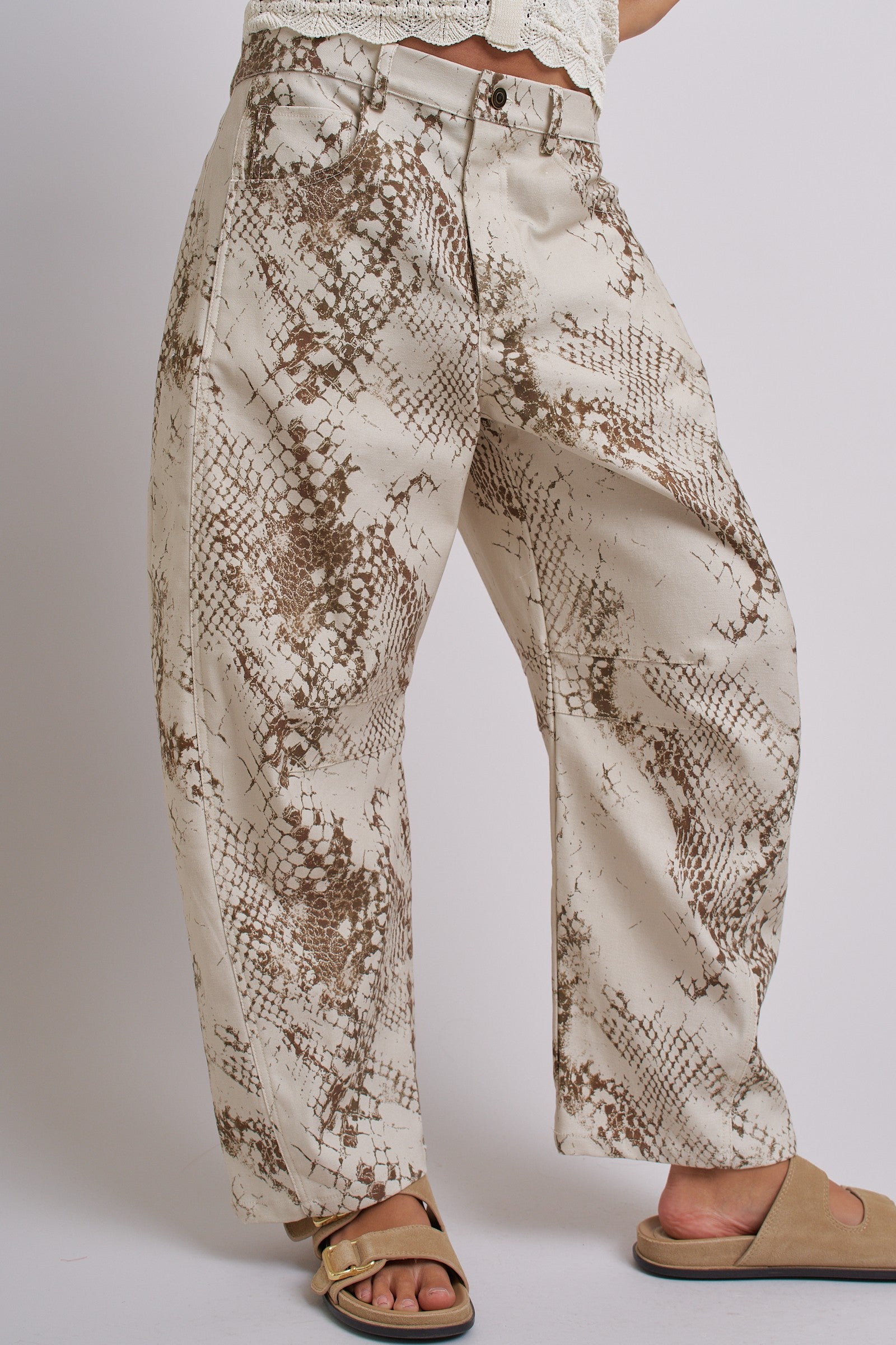Python Print Wide Leg Pants High Waist Cotton in Ivory - Women's Pants | Urban Daizy