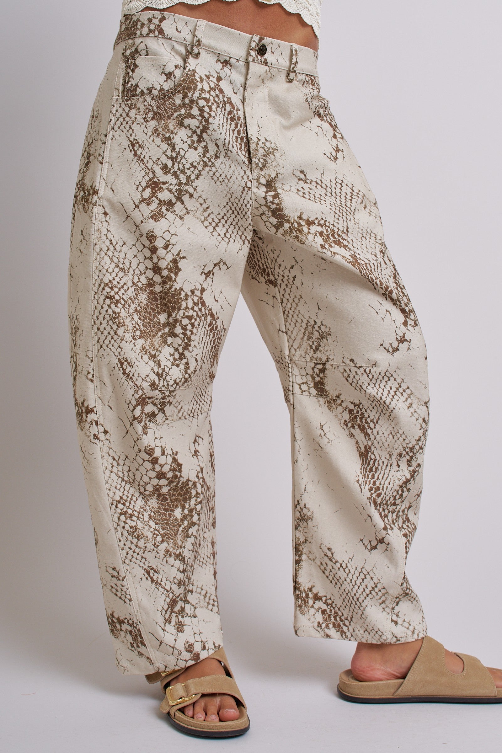 Python Print Wide Leg Pants High Waist Cotton in Ivory - Women's Pants | Urban Daizy