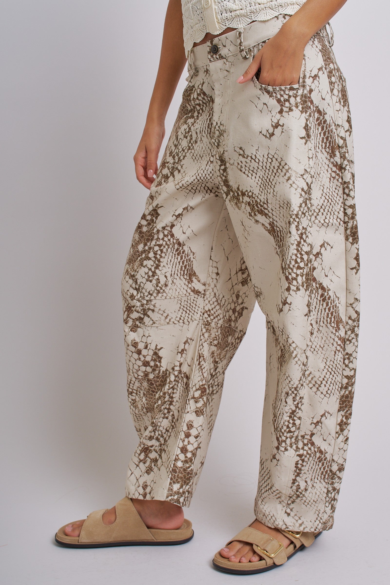 Python Print Wide Leg Pants High Waist Cotton in Ivory - Women's Pants | Urban Daizy