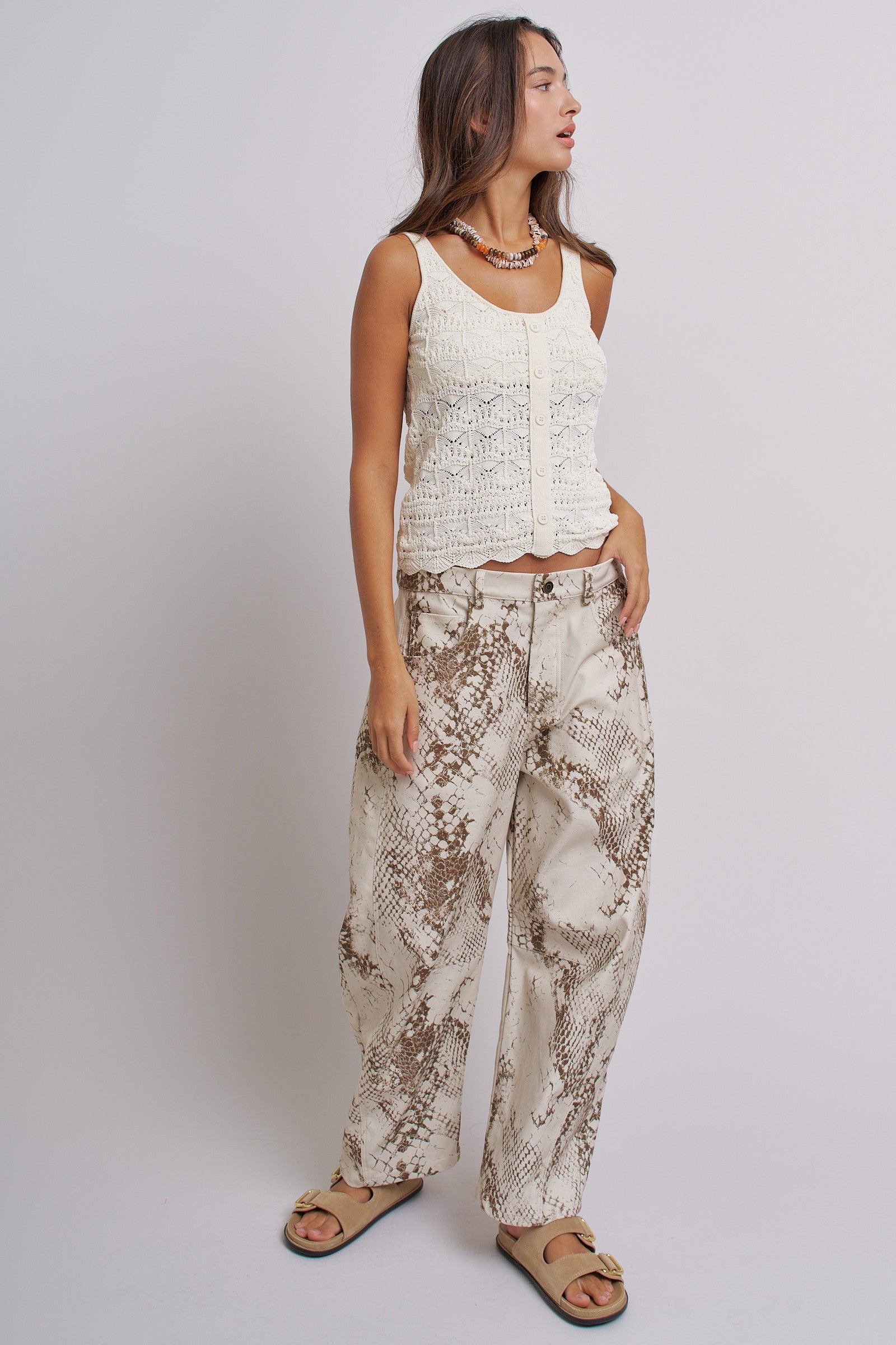 Python Print Wide Leg Pants High Waist Cotton in Ivory - Women's Pants | Urban Daizy