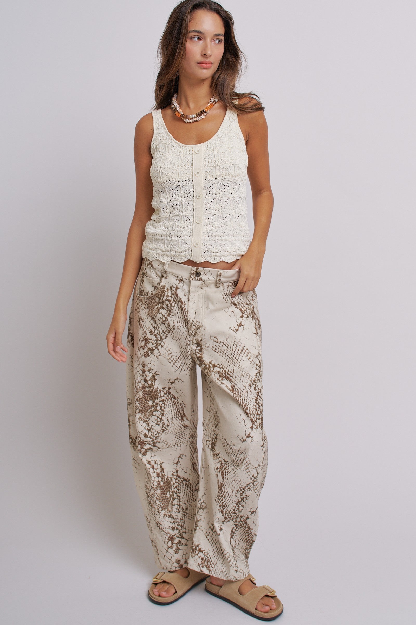 Python Print Wide Leg Pants High Waist Cotton in Ivory - Women's Pants | Urban Daizy