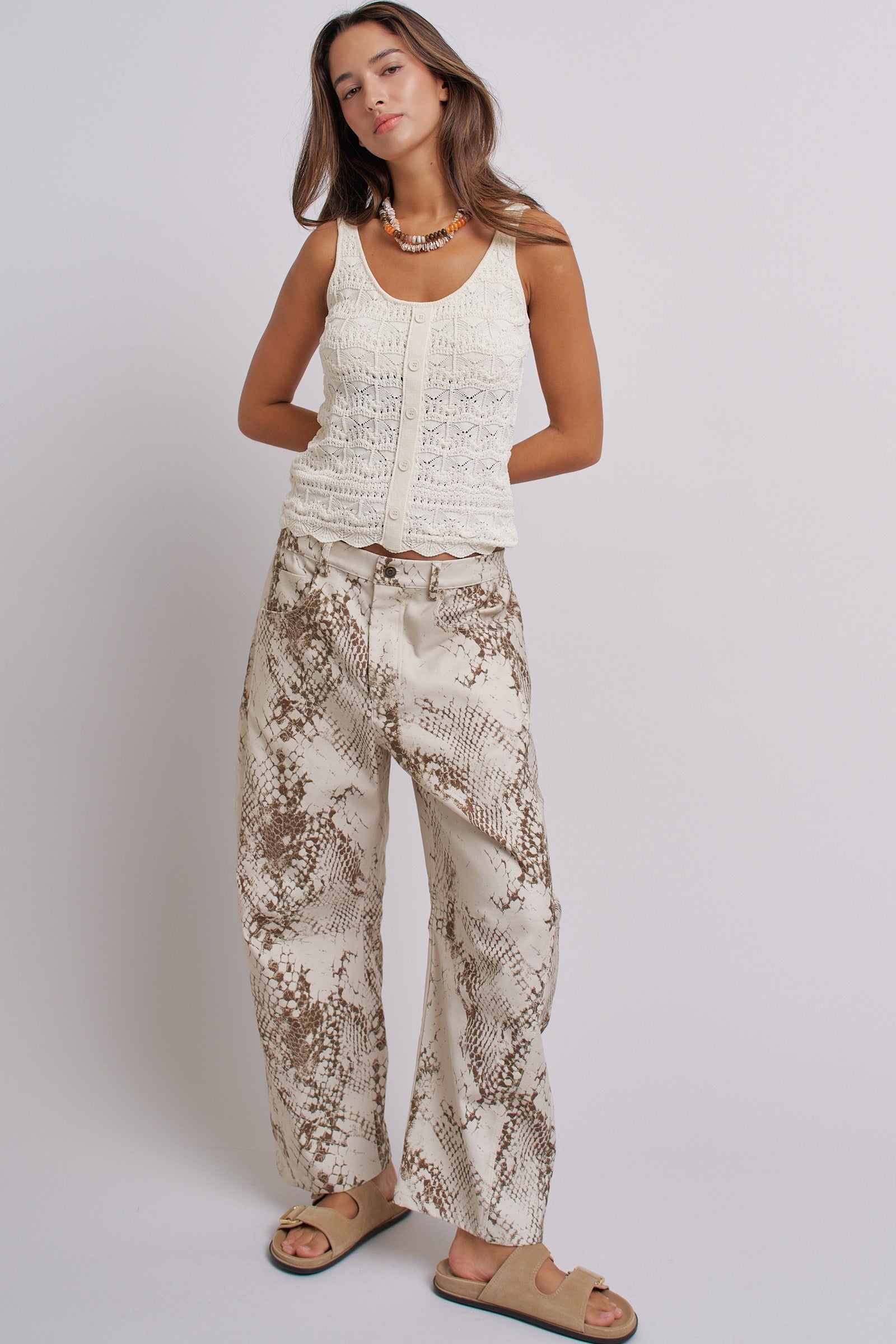 Python Print Wide Leg Pants High Waist Cotton in Ivory - Women's Pants | Urban Daizy